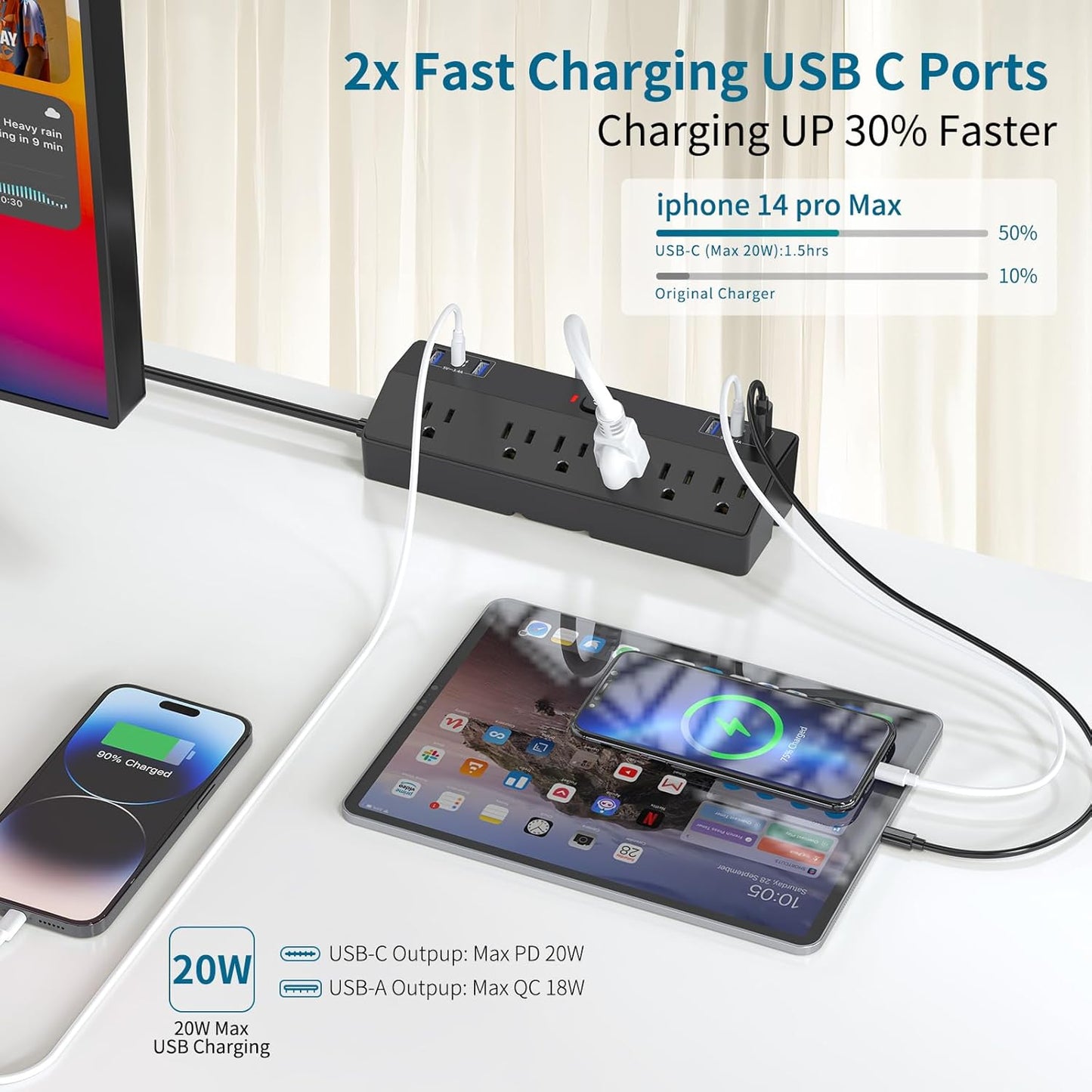 Desk Clamp Power Strip 2 USB C Desktop Mount Outlet Charging Station, 10FT Extension Cord Flat Plug with 6 AC, Removable 40W Fast Charging Surge Protector Power Strip Fits 1.8" Office Tabletop Edge