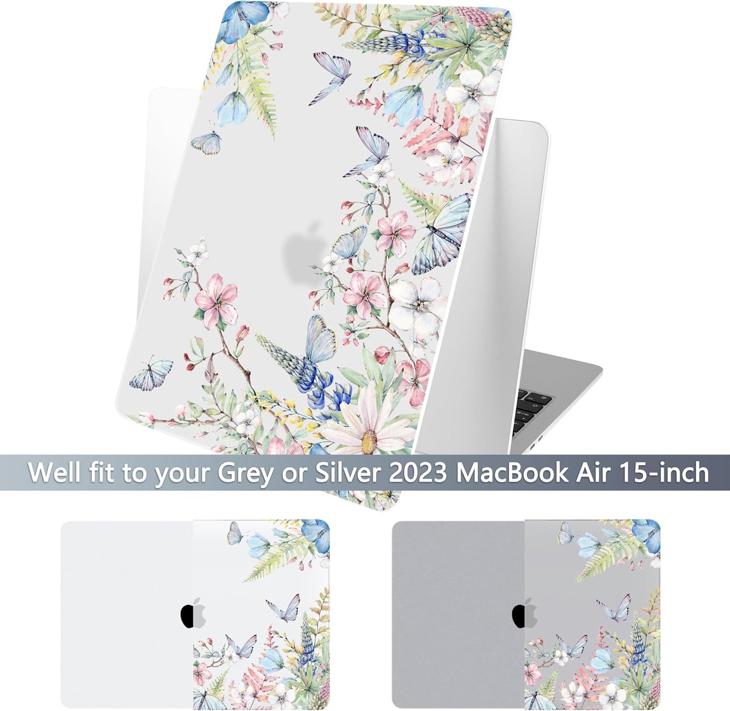 Batianda Premium Case for New MacBook Air 15 inch 2025 M4 2024 2023 with M3 M2 Chip, Designed Protective Plastic Hardshell & Keyboard Cover & Screen Protector, Butterfly and Flower
