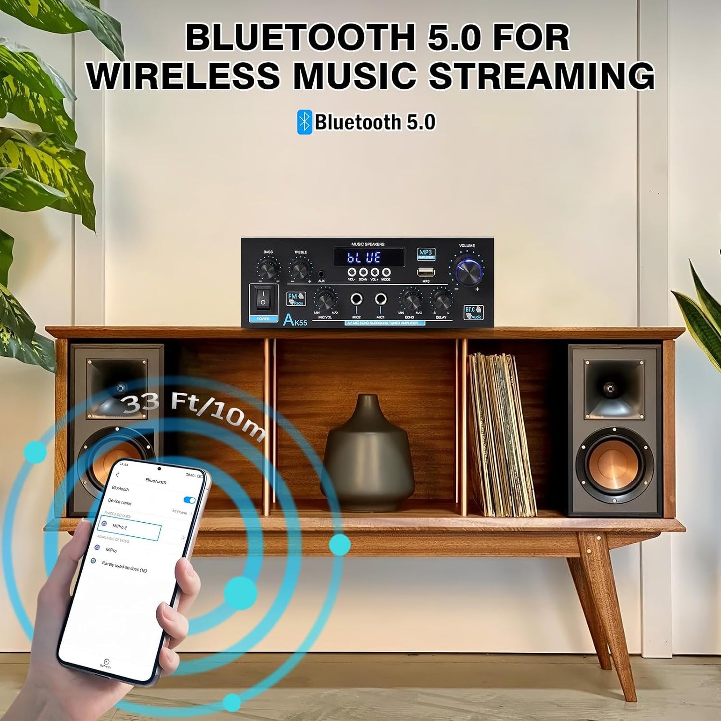 AK55 Bluetooth 5.0 Amplifier Home Audio,2.0 Channel Max 450W Power Stereo Amplifier Receiver w/USB/AUX/RCA/Opt/COA /2 MIC in for Home Theater Speakers