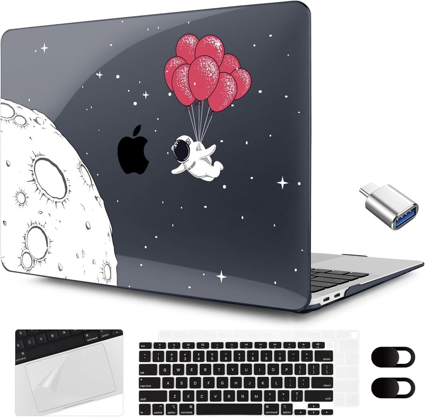 MEEgoodo for MacBook Air 13.3 inch Case 2021 2020 2019 2018 A2337 M1 A2179 A1932, Laptop Shell for MacBook Air M1 with Keyboard Webcam Cover & Trackpad Film & Type C Adapter,Spaceman Fly With Balloons