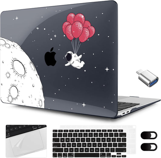 MEEgoodo for MacBook Air 13.3 inch Case 2021 2020 2019 2018 A2337 M1 A2179 A1932, Laptop Shell for MacBook Air M1 with Keyboard Webcam Cover & Trackpad Film & Type C Adapter,Spaceman Fly With Balloons
