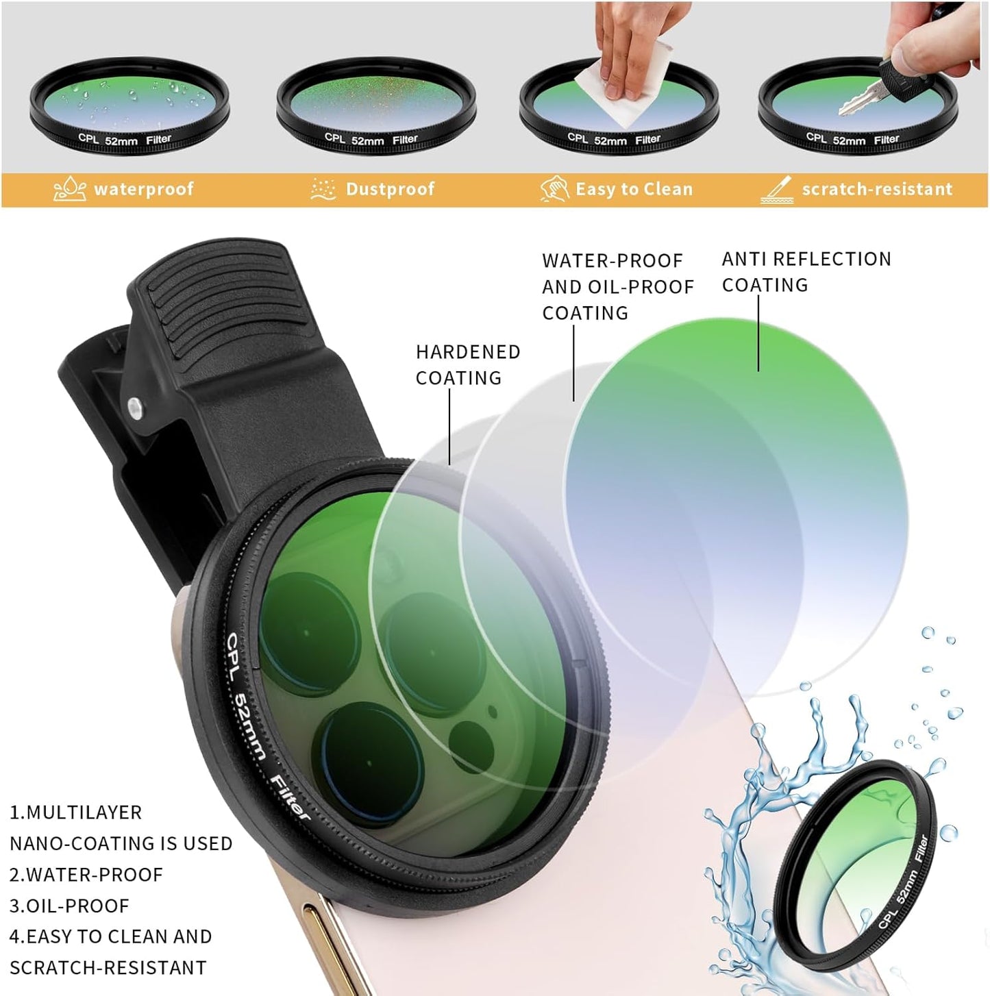 52MM CPL Filter for Phone, Clip-on Circular Polarizing Lens, HD Multi-Coated Optical Glass, Camera Lens Filter Kit Compatible with iPhone 16 15 14, Samsung, Google Pixel and Other Smart Phones