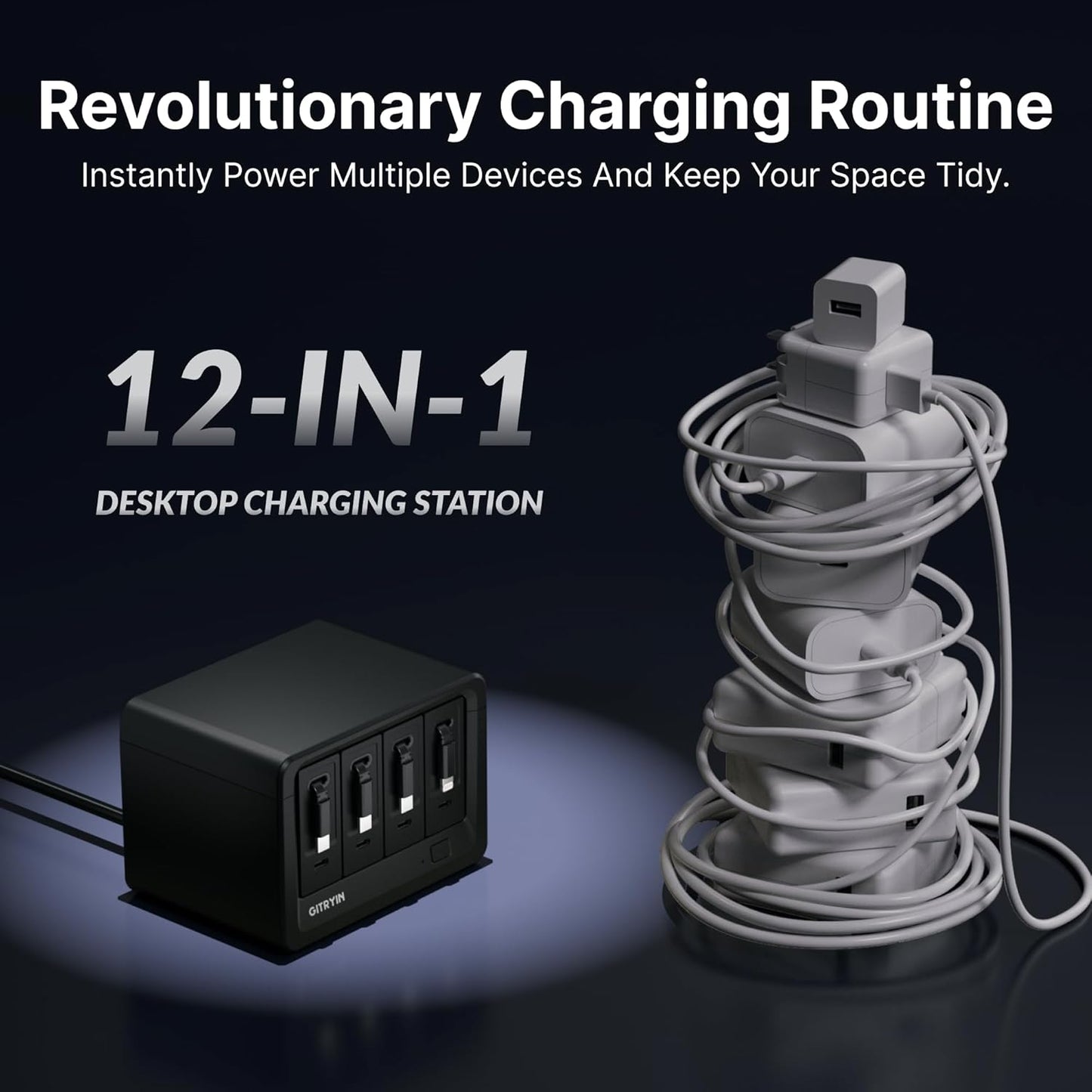 Gitryin 12-in-1 Desktop Charging Station with 3 Retractable Type-C Chargers and 1 Lightning Charger, 40W USB-C Power Strip with Flat Plug, Extension Cord with 1020J Surge Protection for Home Office
