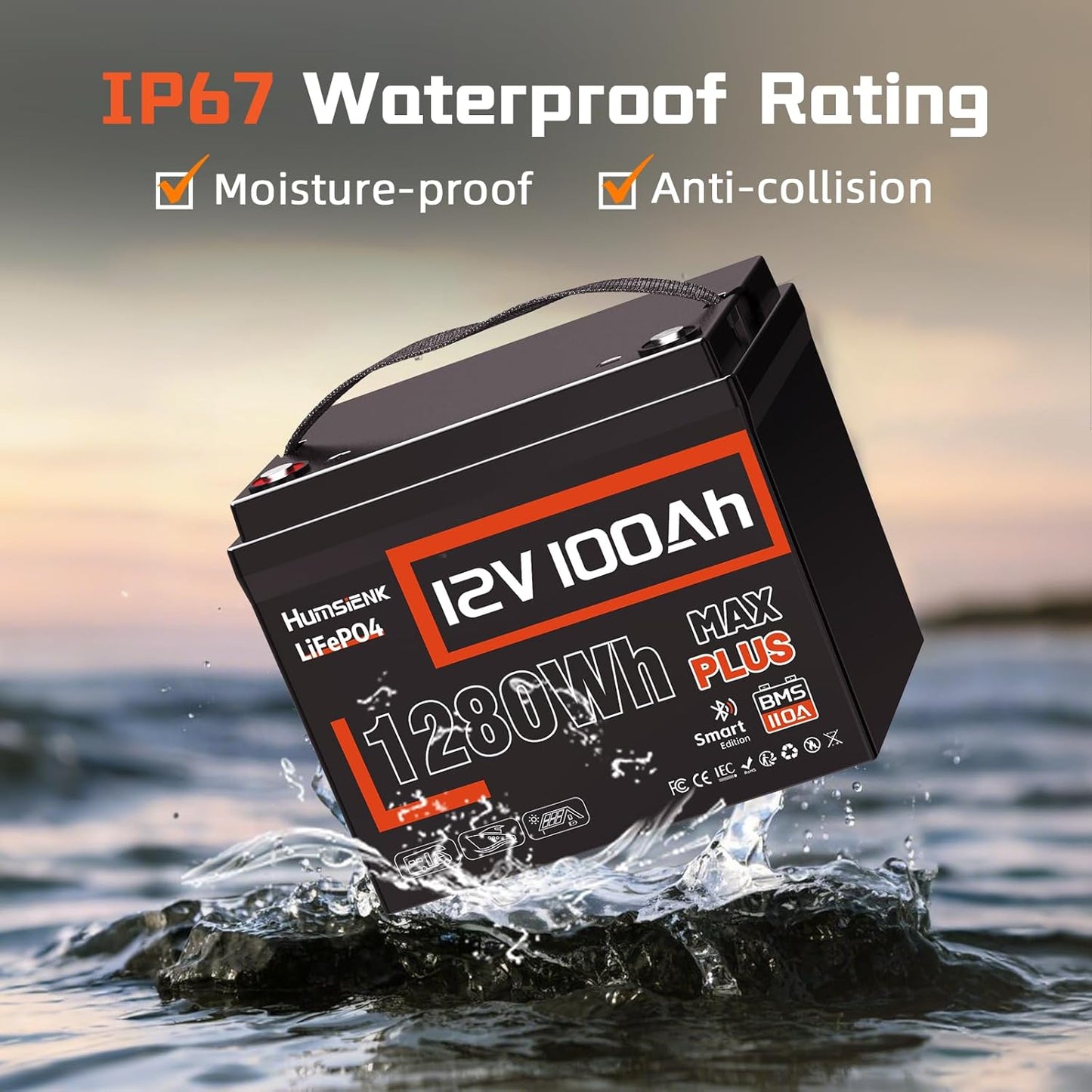 12V 100Ah LiFePO4 Lithium Battery Plus Bluetooth 5.0, Built-in 110A BMS, 15000+ Deep Cycles 1280Wh Lithium Batterys IP67, for RV, Marine, Golf Cart, Trolling Motor, 10-Year Lifespan
