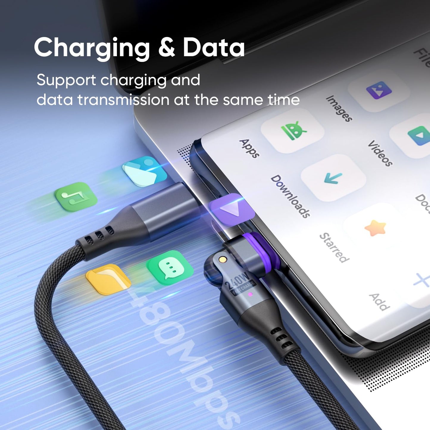 240W Magnetic Charging Cable ，180°Rotating USBC to USB C Magnetic Data Cable ，Micro USB Magnetic Phone Fast Charger Cable Data Transfer for Laptop/Tablet/Smart Phone (6ft)