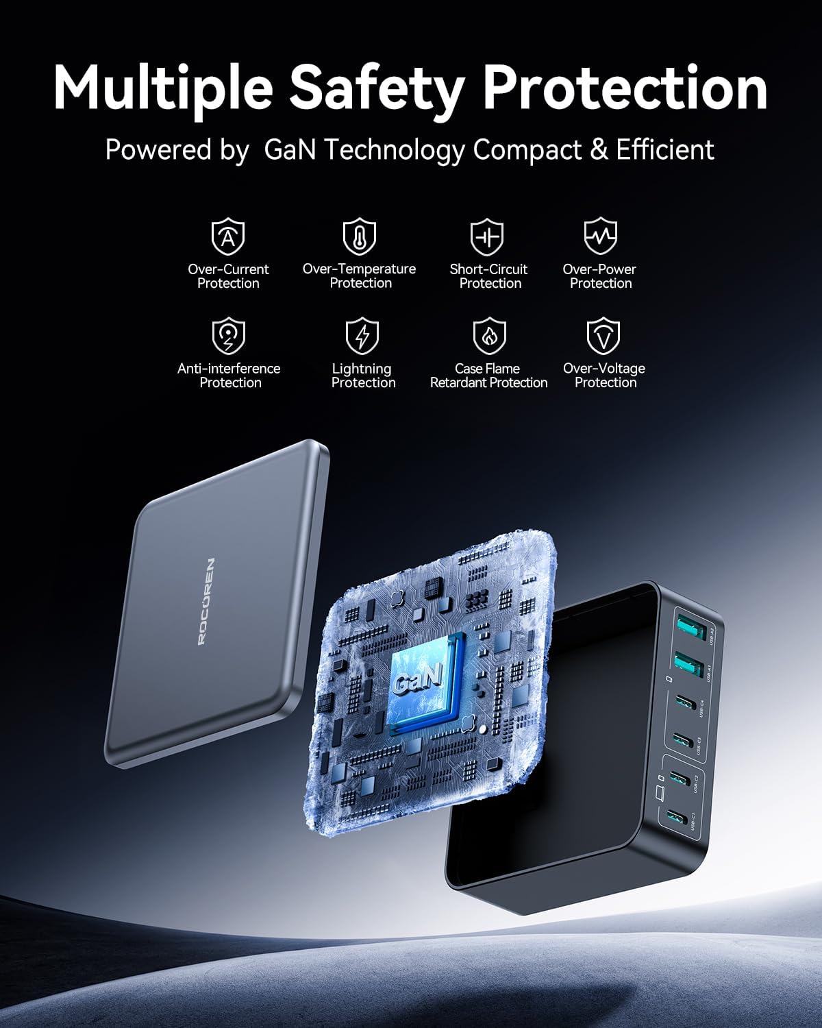 270W USB C Charger Block, Rocoren 6 Port Multi USB-C Charging Station,100W PD Fast USBC Gan Charger Station Hub Dock for Multiple Devices, Laptop Type C for MacBook/iPhone 16/iPad/Galaxy S25