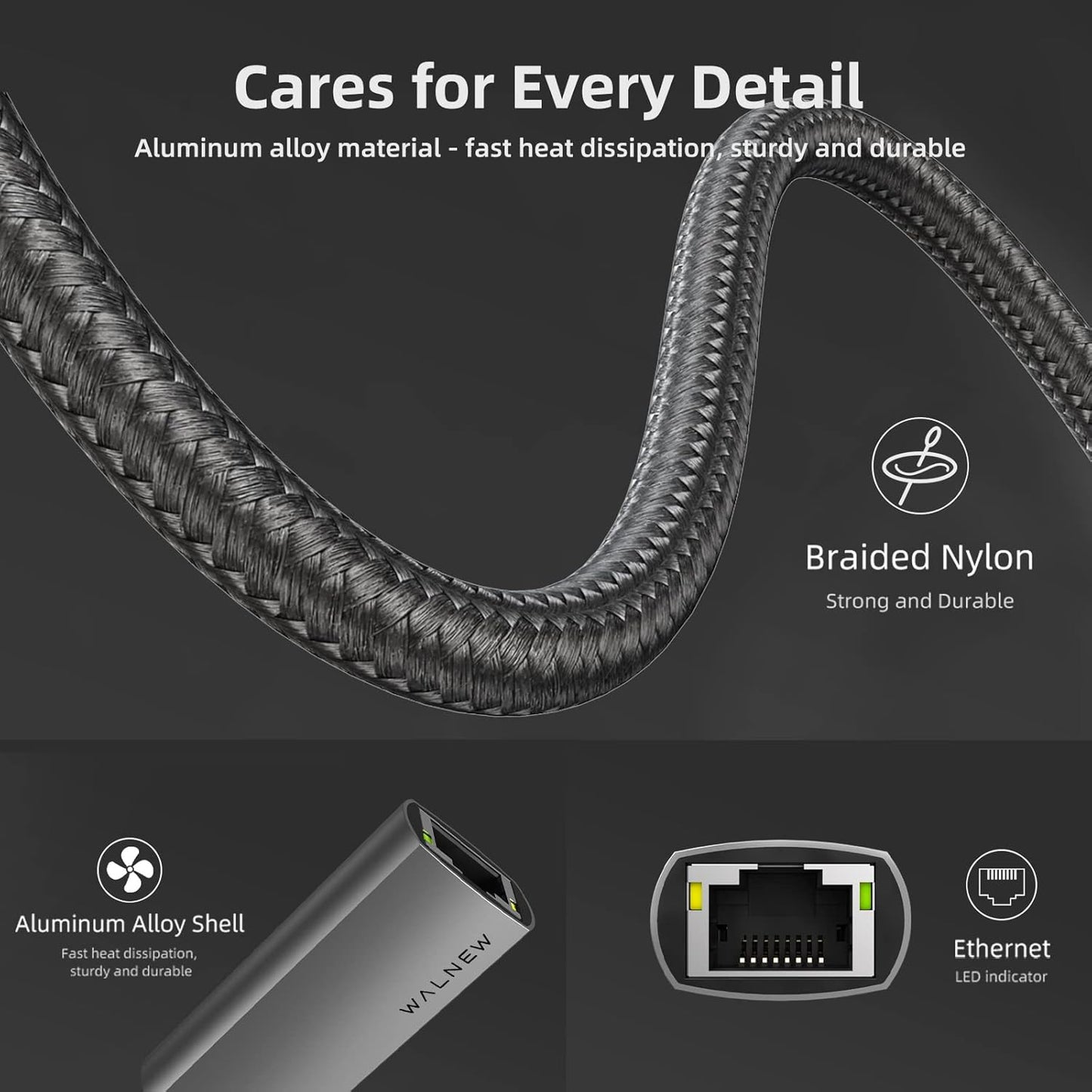 USB-C to Ethernet Adapter, WALNEW USBC to RJ45 Lan Adapter, Gigabit Cat Network Cable Converter to Type C Thunderbolt 3 for Mac,MacBook Pro/Air,iPad 10th,Dell XPS,Chromebook,Surface,Samsung Galaxy Tab