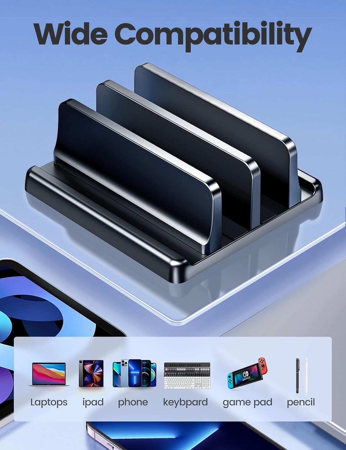 Vaydeer Vertical Laptop Stand for Desk, Dual Slots Plastic Laptop Holder with Space Saving 4-in-1 Design, Adjustable Laptop Stand Supports MacBook, Chromebook, Surface, Dell