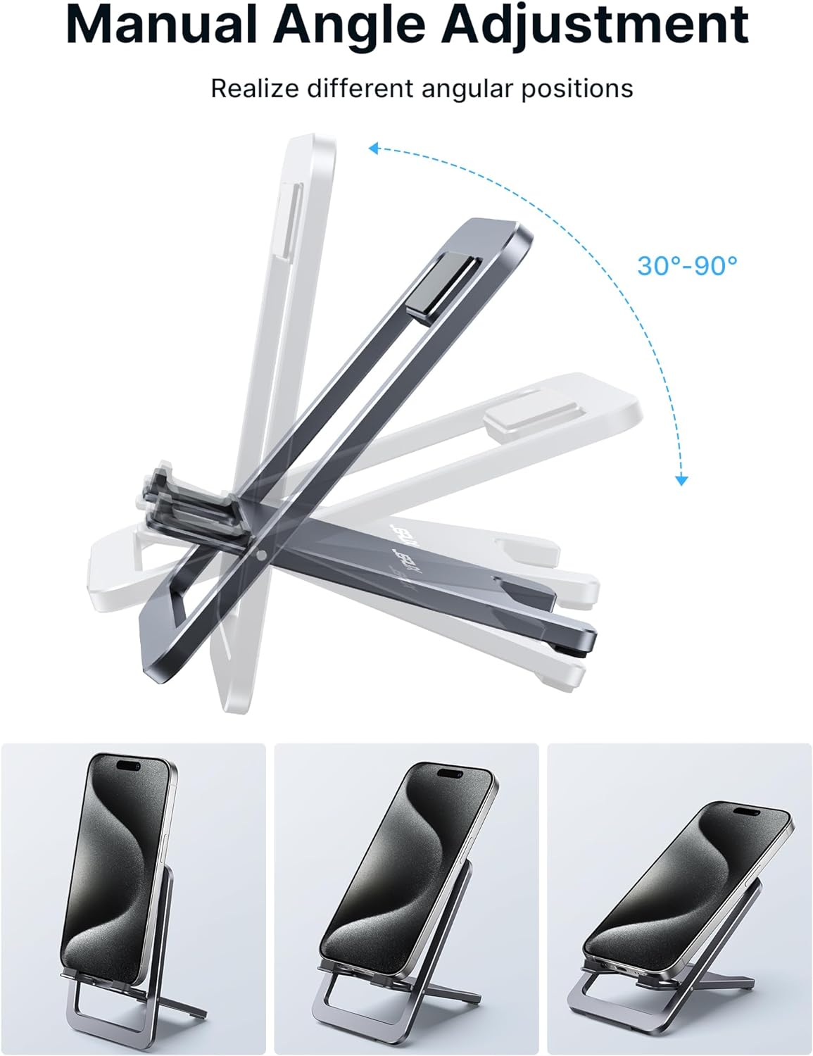 JSAUX Cell Phone Stand, Foldable Aluminum Adjustable Phone Holder for Desk Portable Travel Essentials Office Accessories Compatible with iPhone 16 15 14 13 Pro Max Samsung S24 S23 Ultra Kindle-Gray