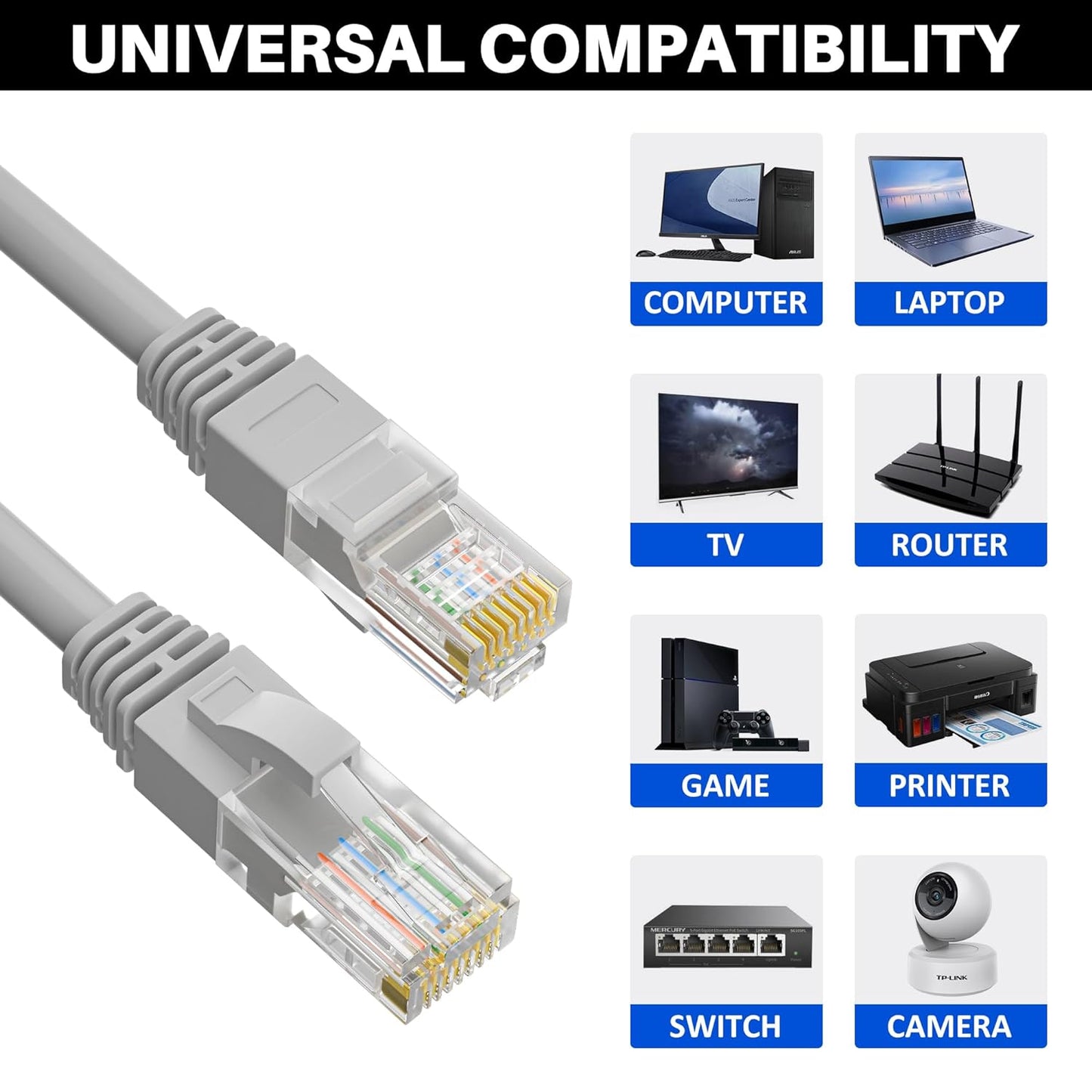 Cat5e Ethernet Cable 35 FT, Long Cat 5e Internet Cable, Grey Snagless Patch Cord, Flexible, Network, LAN, PoE, Standard RJ45 Connector for PC, Server, Router, Modem, TV, PS5 - with 15 Cable Ties