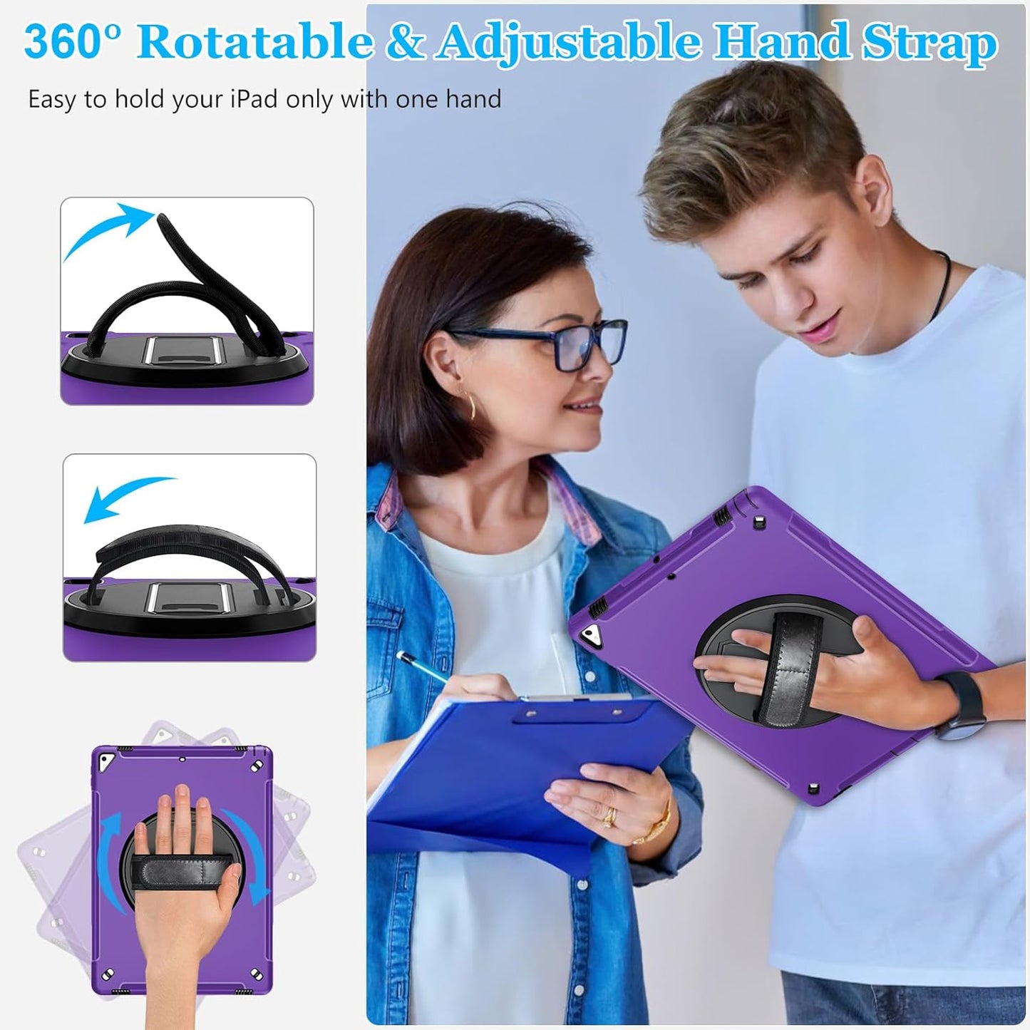 Case for iPad Pro 12.9 2nd Generation 2017 & 2015 1st Generation, Heavy Duty Rugged Shockproof Protective Cover w/ 360° Rotatable Stand + Handle Hand & Shoulder Strap + Pencil Holder-Purple
