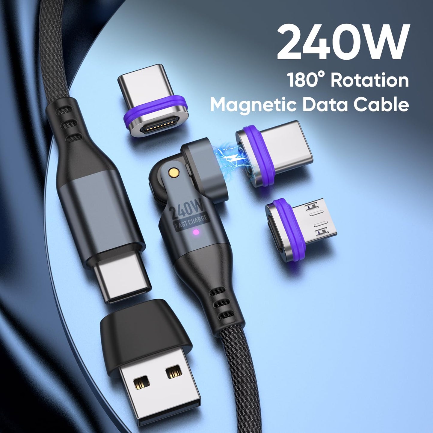 240W Magnetic Charging Cable ，180°Rotating USBC to USB C Magnetic Data Cable ，Micro USB Magnetic Phone Fast Charger Cable Data Transfer for Laptop/Tablet/Smart Phone (6ft)