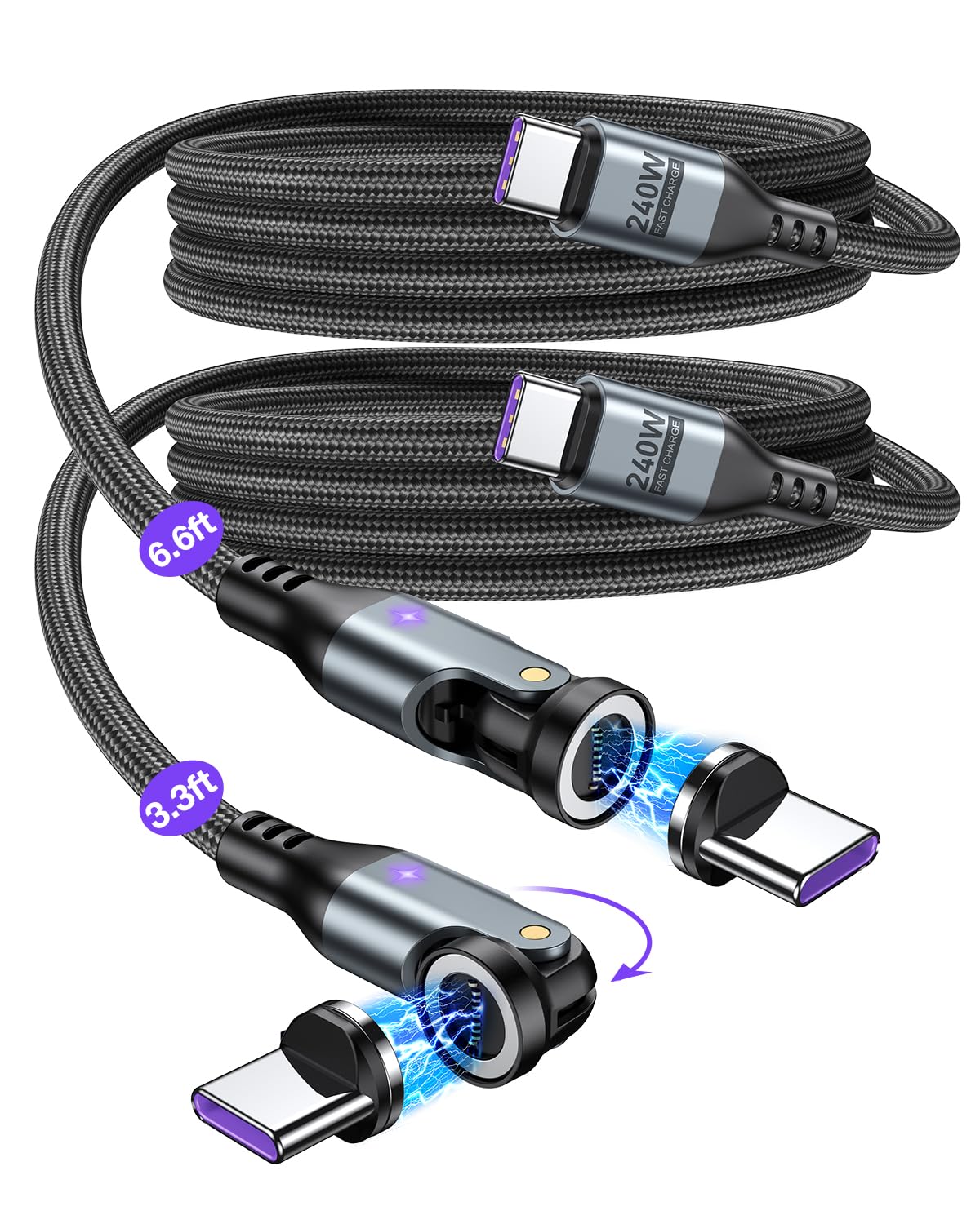 A.S Gen3 USBC Magnetic Charging Cable 240W (2Pack, 3.3ft/6ft), 9Pin USB C to USB C Magnet Charger Cable/360&180 Rotation Magnetic Phone Charger Data Cable for Phone 15/Samsung/M-Book/Pad Series