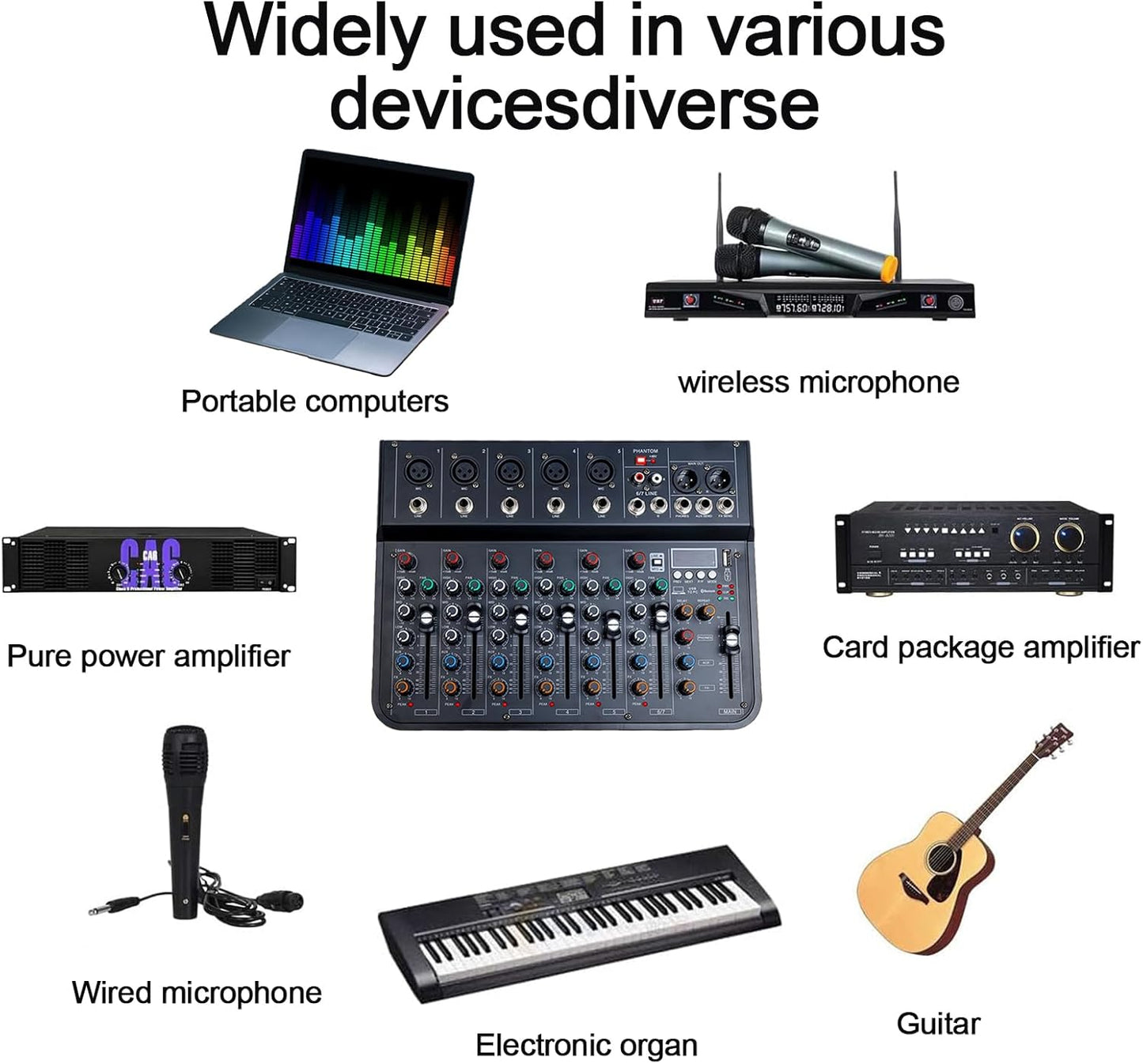 7 Channel mixer, DJ Mixer Board with Bluetooth and Usb, Audio Sound Card with Interface Recording and 48V Phantom Power, Sounds Mixer Board with FX Reverb Delay Effect for Streaming