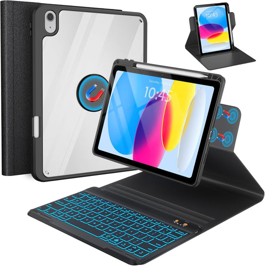 BLUTLOTUS for iPad 11th (A16) 10th Generation Case with Keyboard (2025/2022) - 360° Rotatable Magnetic Folio Cover, 7 Color Backlit Detachable Keyboard with Pencil Holder (Black)