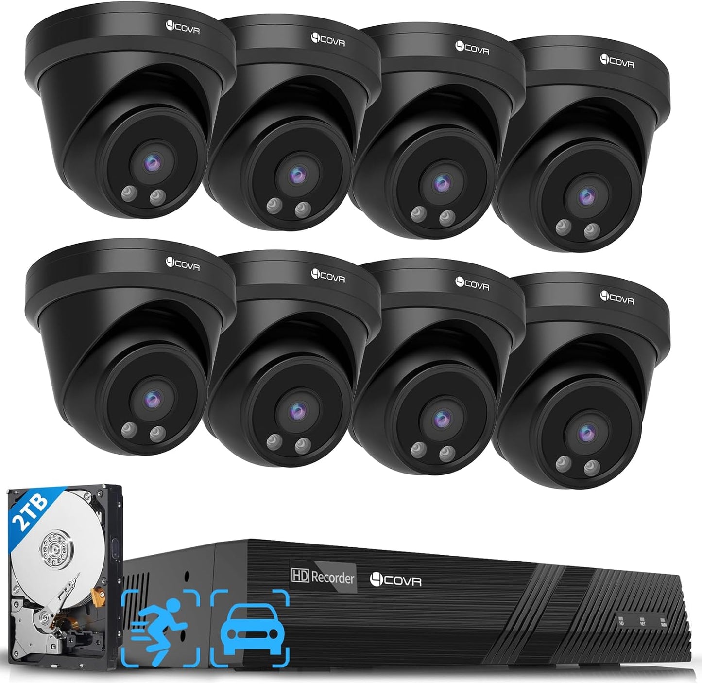 4COVR Security Camera System PoE, 8X 5MP Commercial IP67 Dome IP Camera with Audio, 8CH 4K H.265 NVR with 2TB HDD, AI Human Vehicle Detection & Night Vision, 24/7 Recording, LY97AB5M0808