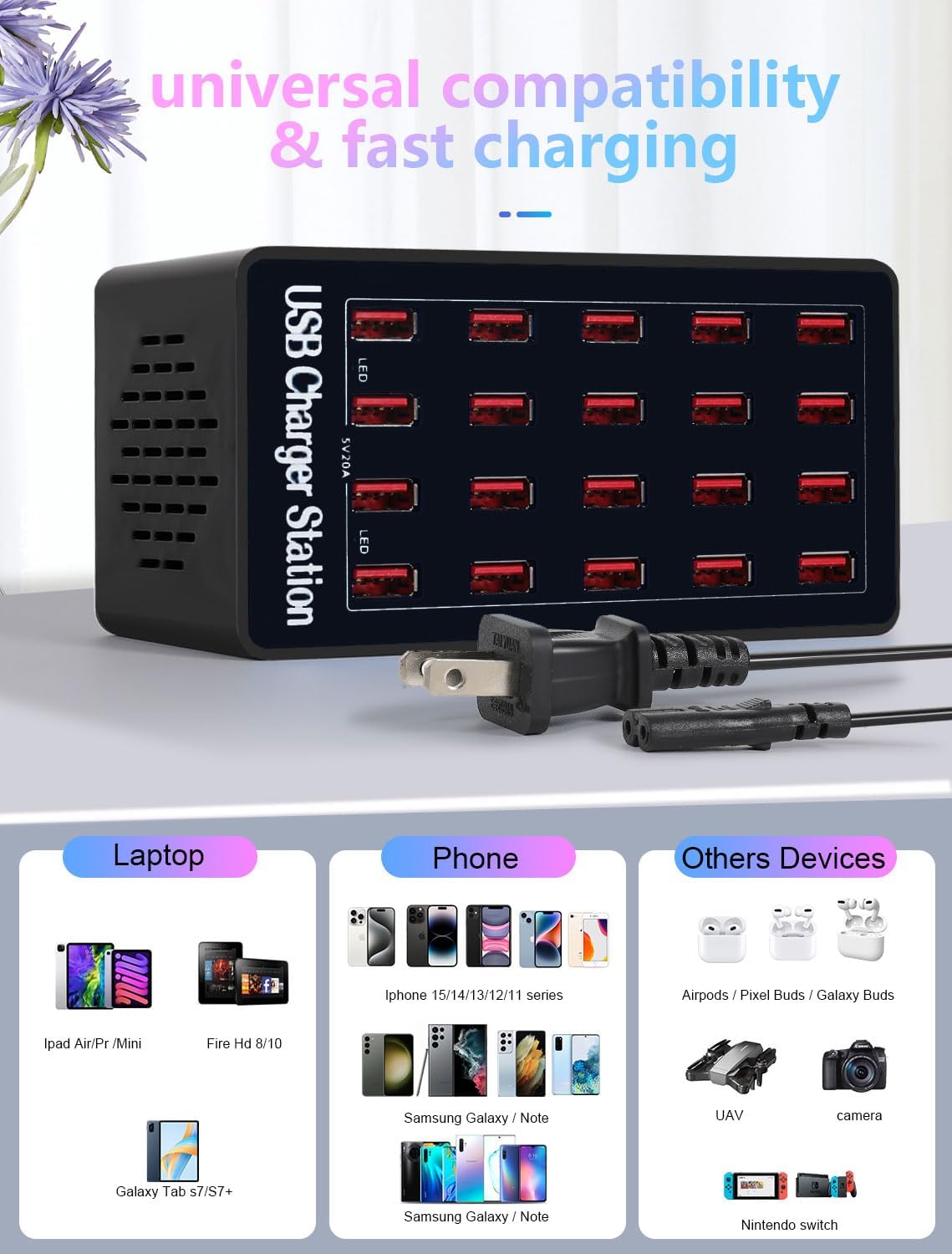 Charging Station, 100W20Port USB Charging Station, Multiple USB Charger Station, Charging Station for Multiple Devices, Multi USB Charging Station, Chargers for Multiple Devices, black