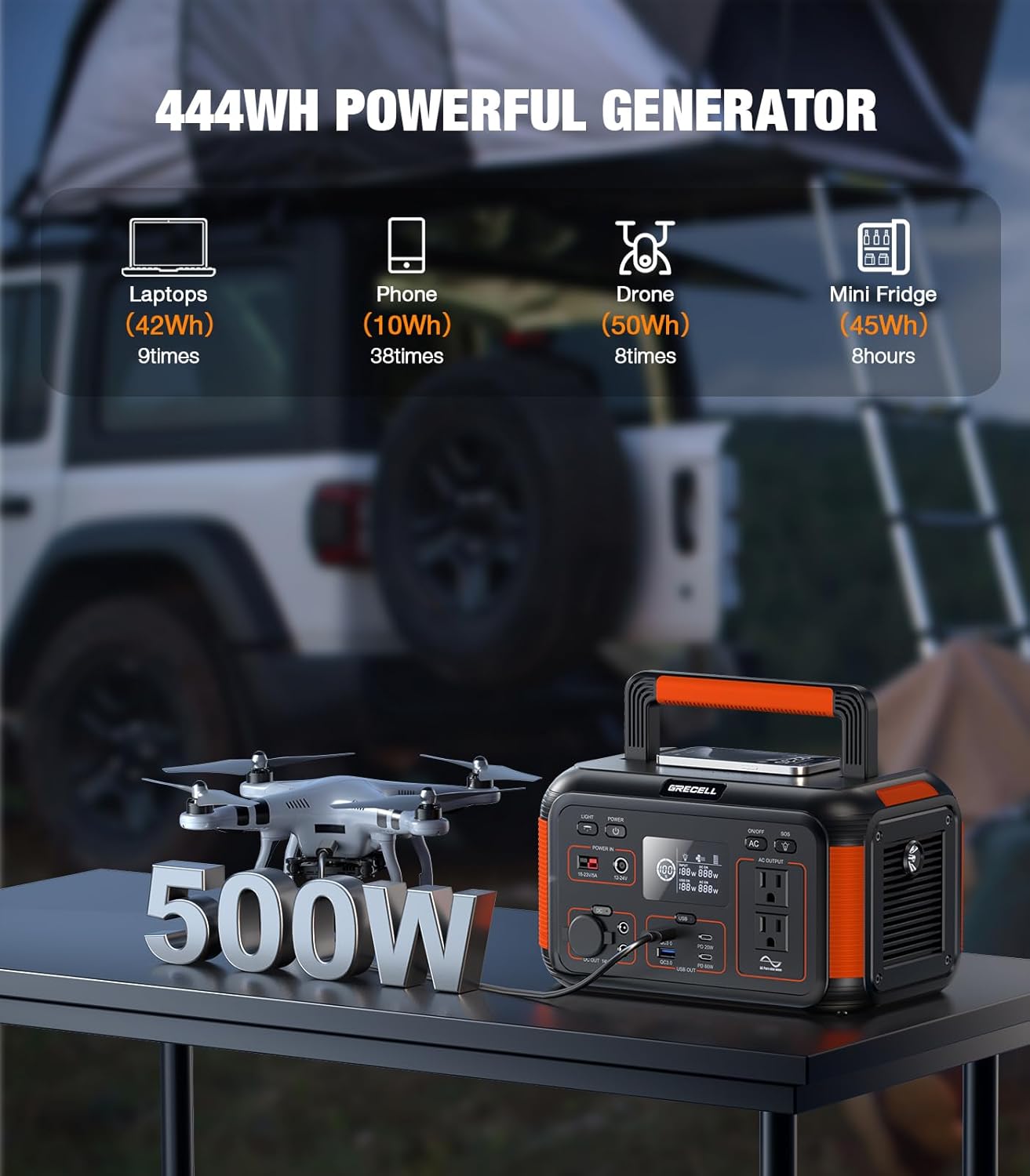 GRECELL 500W Portable Power Station 444Wh Solar Generator with 110V Pure Sine Wave AC Outlet/PD60W, 1000W Peak power station for Camping Trip RV Outdoor Home Emergency Backup & Solar Powered