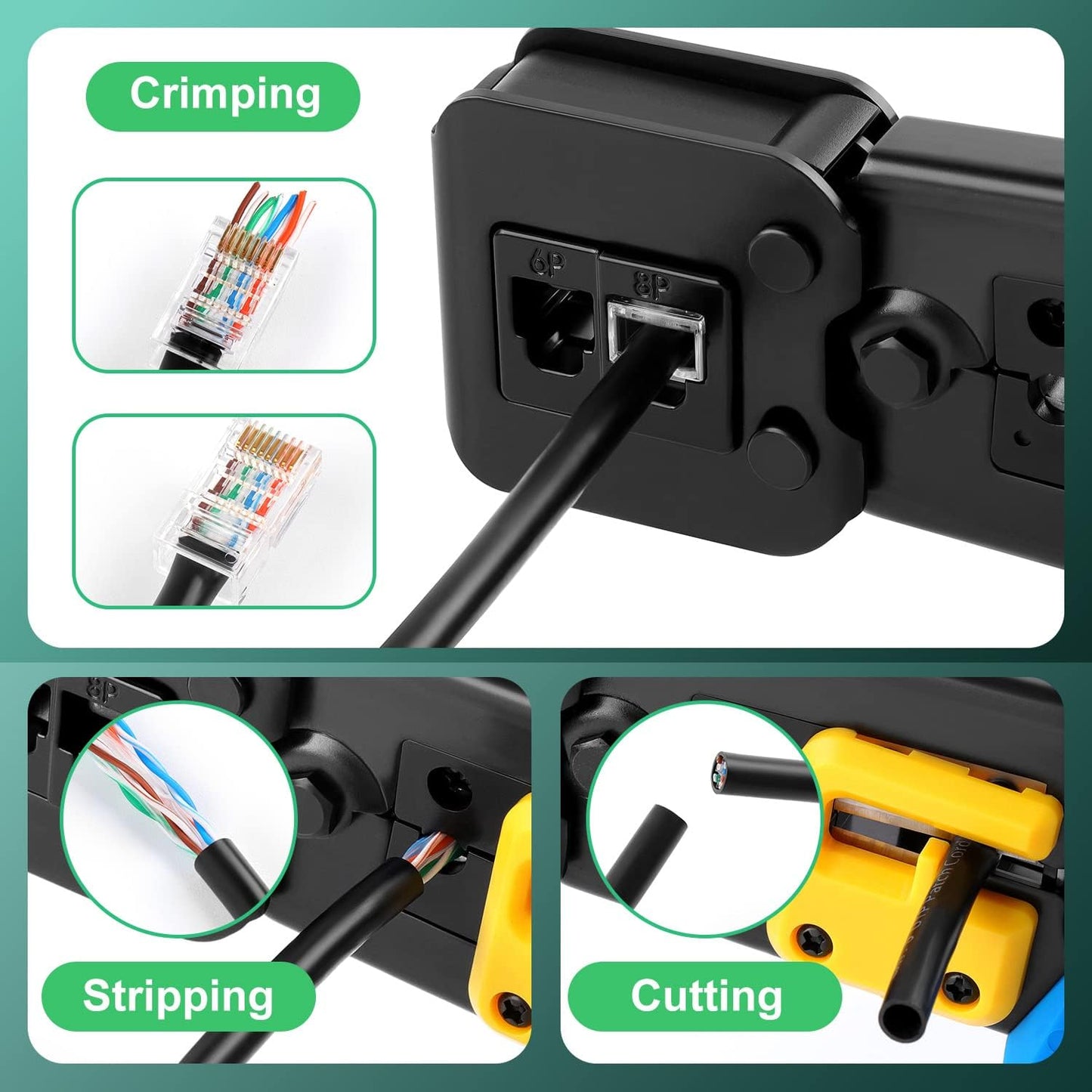Delgada rj45 Crimp Tool with 50PCS Pass Through Connectors, for Cat6 Cat5e Cat5 Crimping Tool Kit, Network Cable Tester and Wire Stripper Included, for RJ45/RJ12 Regular