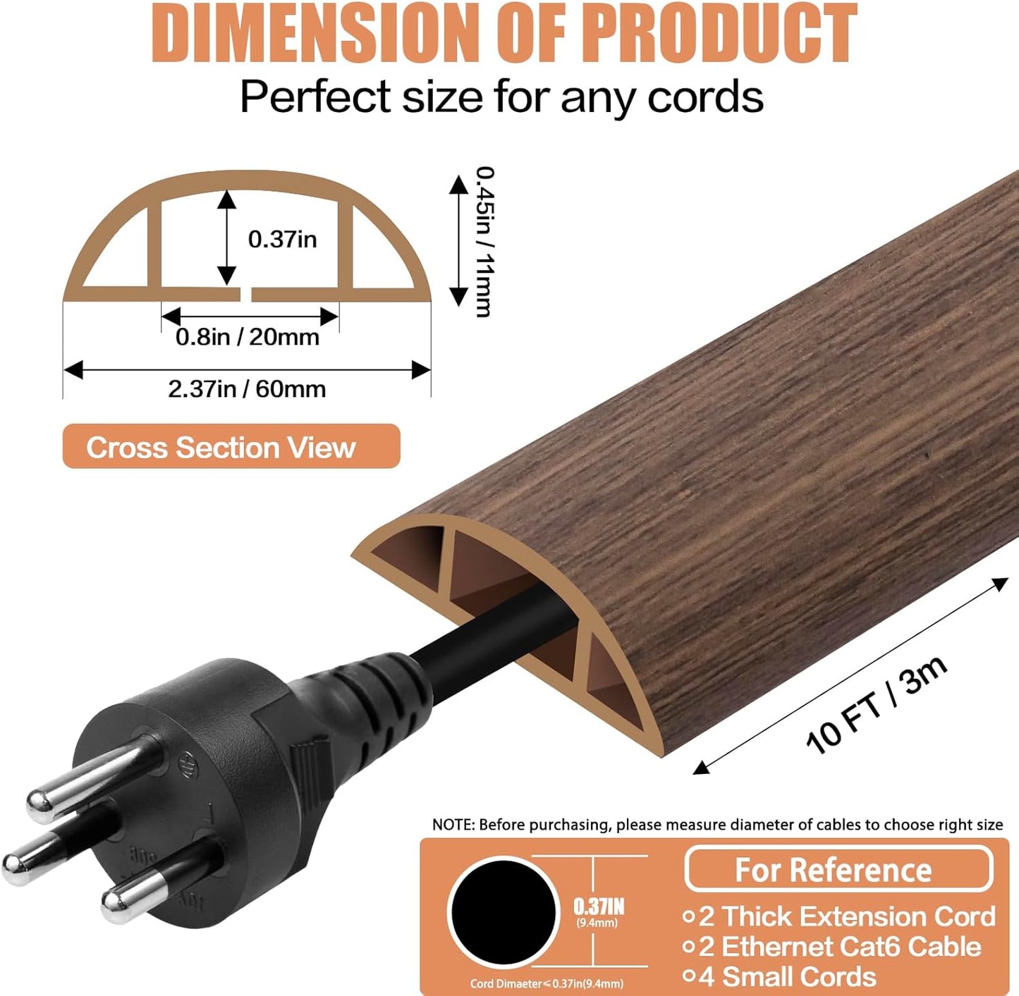 Floor Cord Cover Cable Cavity Self Adhesive Cord Hider Floor Floor Cable Management Power Cord Protector Floor Electric Cord Covers for Offices, Gym, Exhibitions (Misty Brown Wood, 2.36" x 10')