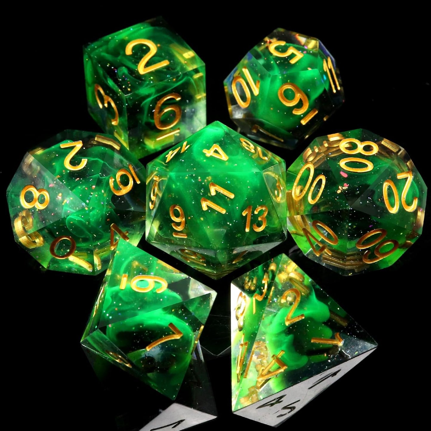 Haxtec Glitter DND Dice Set Sharp Edge Dice with Dice Case Handmade Green Resin D&D Dice Set for TTRPGs Compatible with Dungeons and Dragons Gifts