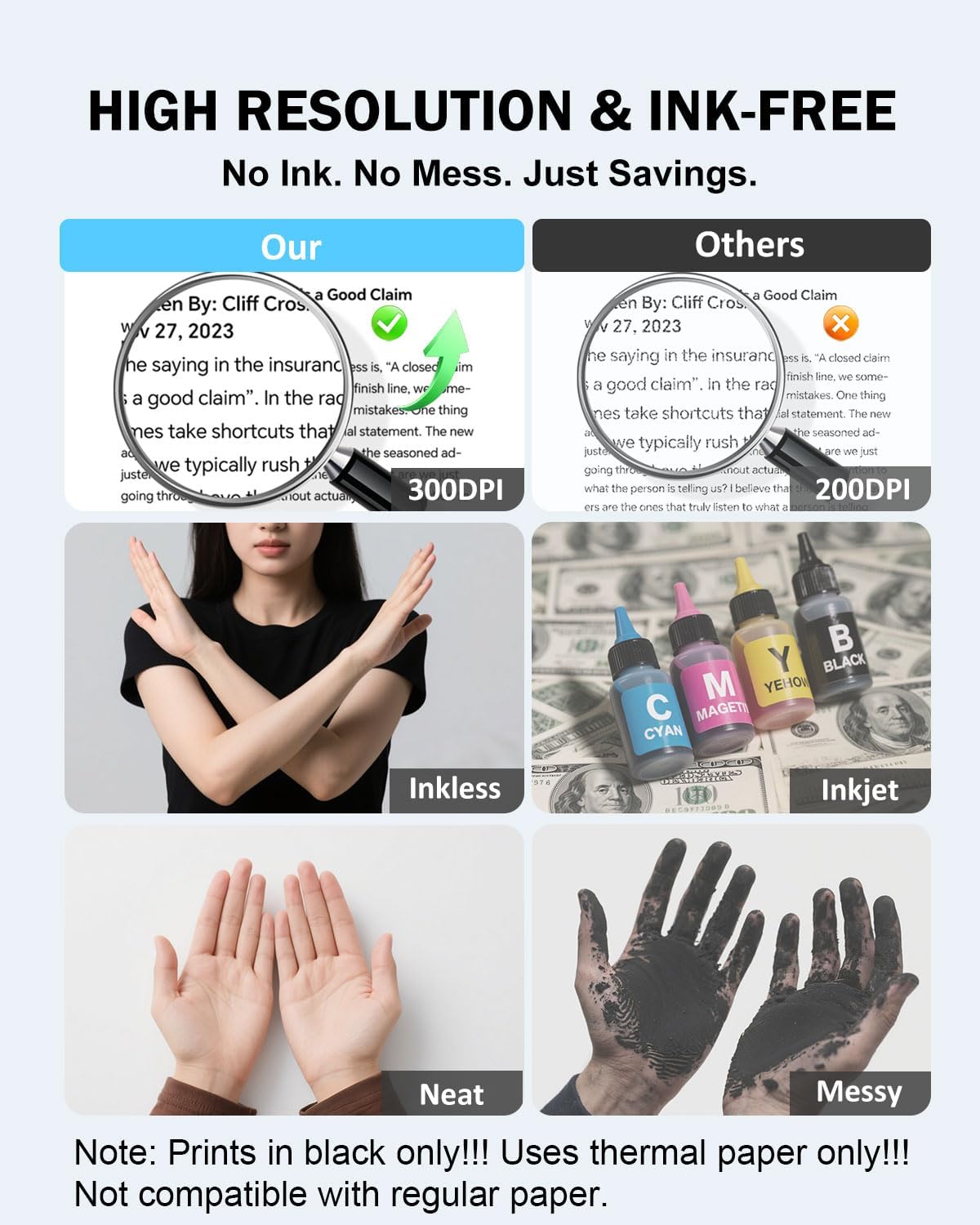 Inkless Portable Printer for Travel, 300DPI Wireless Thermal Printer Support 8.5" x 11" US Letter, A4, MT610Pro Small Bluetooth Printers Compatible with iOS, Android Laptop for Home Office Car, Grey