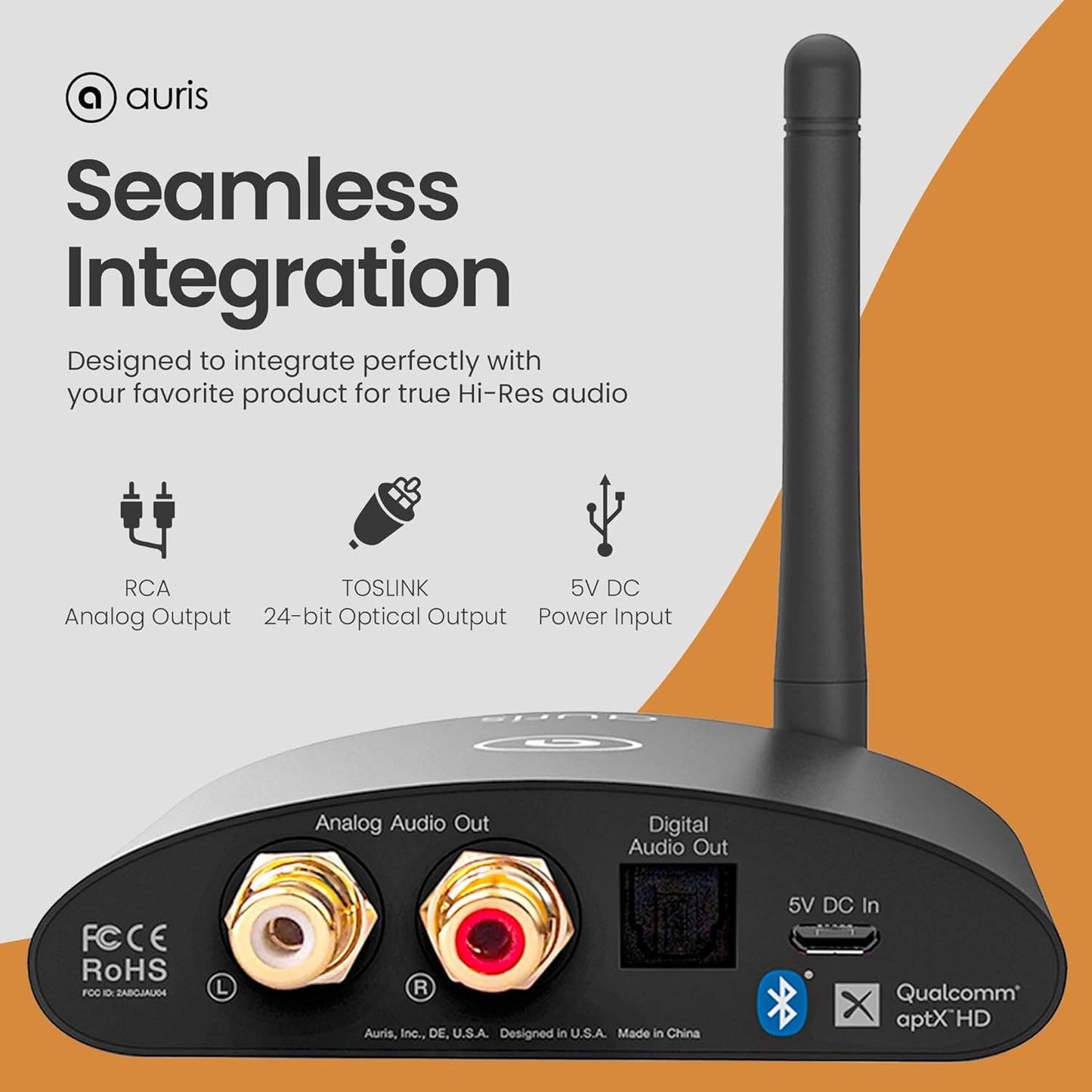 Auris Blume HD Long Range Bluetooth 5.3 Music Receiver Hi-Fi Audio Adapter with Audiophile DAC, LDAC & AptX HD for Home Stereo, AV Receiver or Amplifier