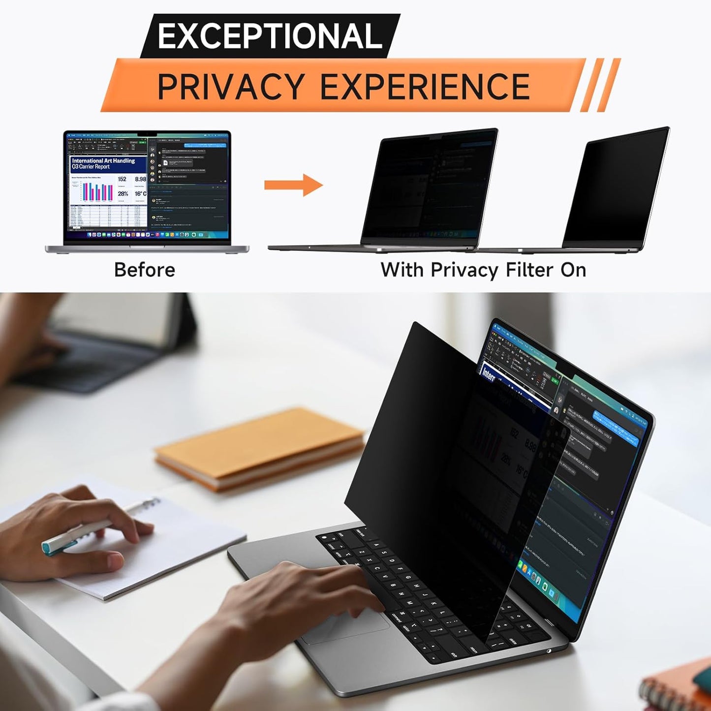 Privacy Screen for MacBook Pro 13 Inch (2016-2022, M1, M2) & Air 13 inch (2018-2021, M1), Matte Anti Glare Blue Light Filter, Nano No Glue Anti Spy Black Protector for Mac Pro 13In Laptop Computer