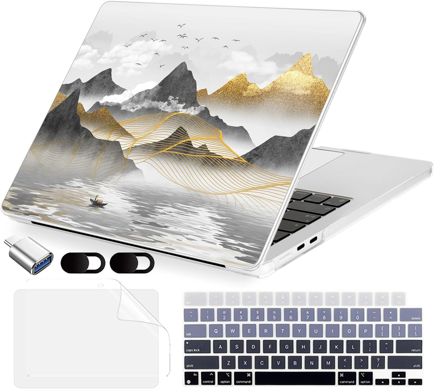 Compatible with MacBook Air 15 inch Case, M4 A3241/M3 A3114/M2 A2941 (Released 2025 to 2023), Hard Shell, Keyboard Cover, Screen Protector, Webcam Cover & Type-C Adapter, Inked Mountain