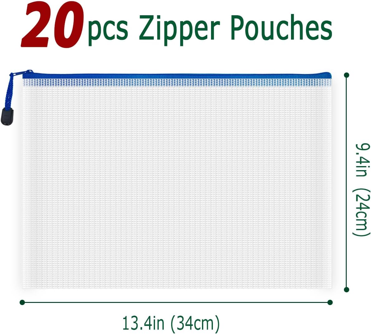 AUSTARK 20 Pcs Zipper File Bags, Plastic Mesh Pouch, Board Game Storage Bag, Waterproof Bags for Office School (A4 Size 13.4''x9.4'', White and Blue)