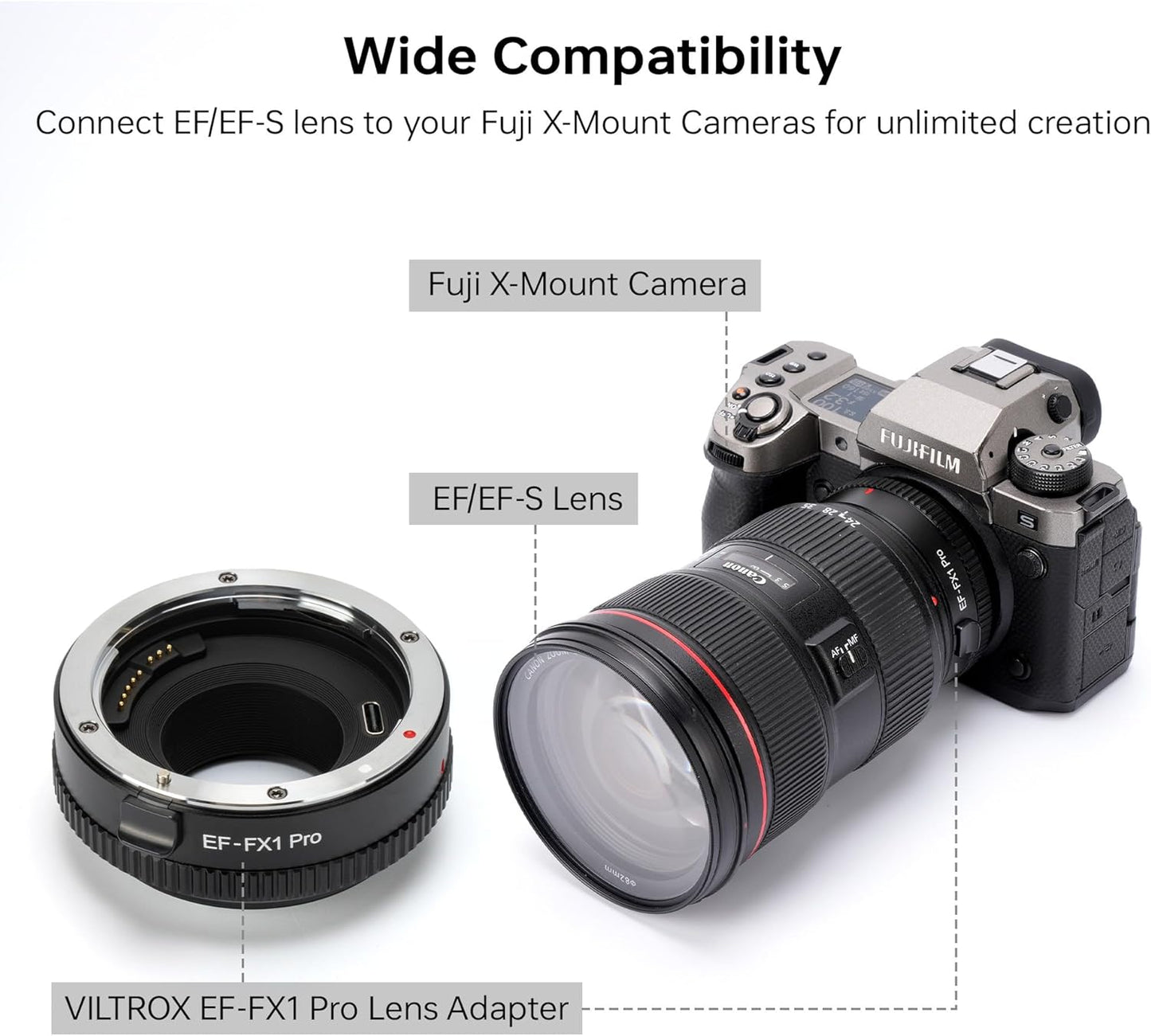 VILTROX EF-FX1 PRO Auto Focus Lens Mount Adapter Converter with Aperture Control Compatible with Canon EF/EF-S Lens to Fuji X-Mount Mirrorless Camera X-H1 X-PRO2 X-T2 X-T3 X-T1 X-T20 X-T10 X-E2 X-E1