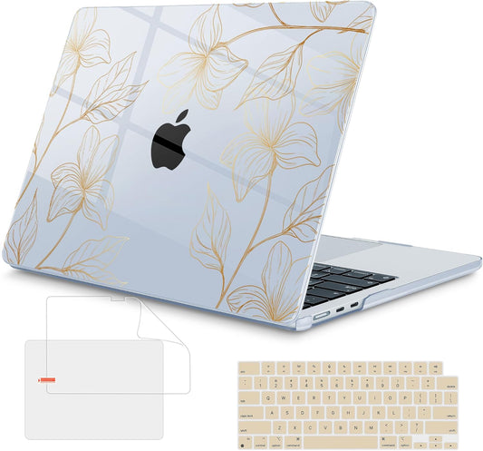 Mektron for 2025 MacBook Air 15 inch M4 Case A3241/ 2024 M3 A3114/ 2023 A2941 M2 Hard Printed Case with 15.3 Liquid Retina Display Touch ID, Plastic Hard Cover & Keyboard Skin- Gold Flower S718-Blue