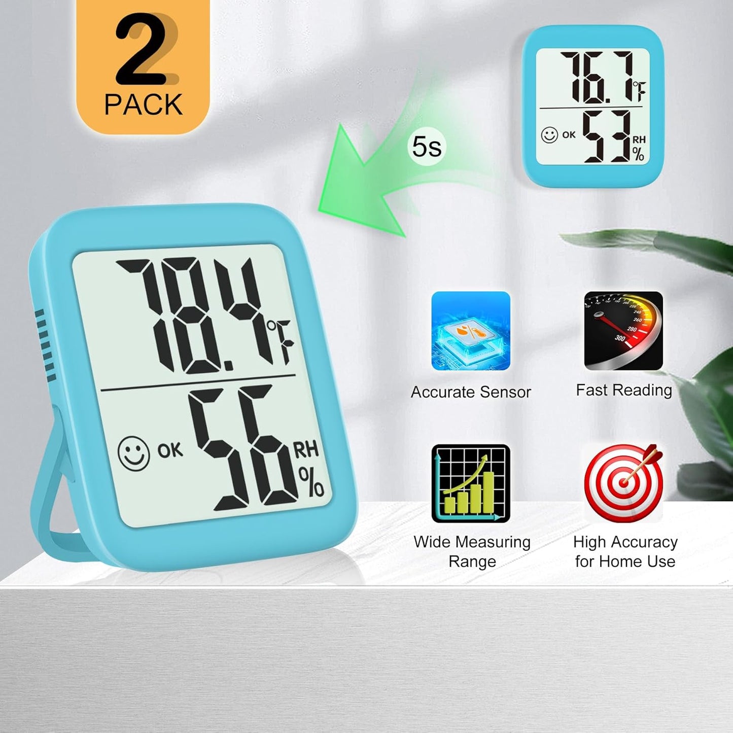 Antonki 2 Pack Room Thermometer for Home, Indoor Hygrometer Humidity Meter Gauge, Digital Temperature and Humidity Sensor Monitor for House, Terrarium, Incubator, Greenhouse - Battery Included