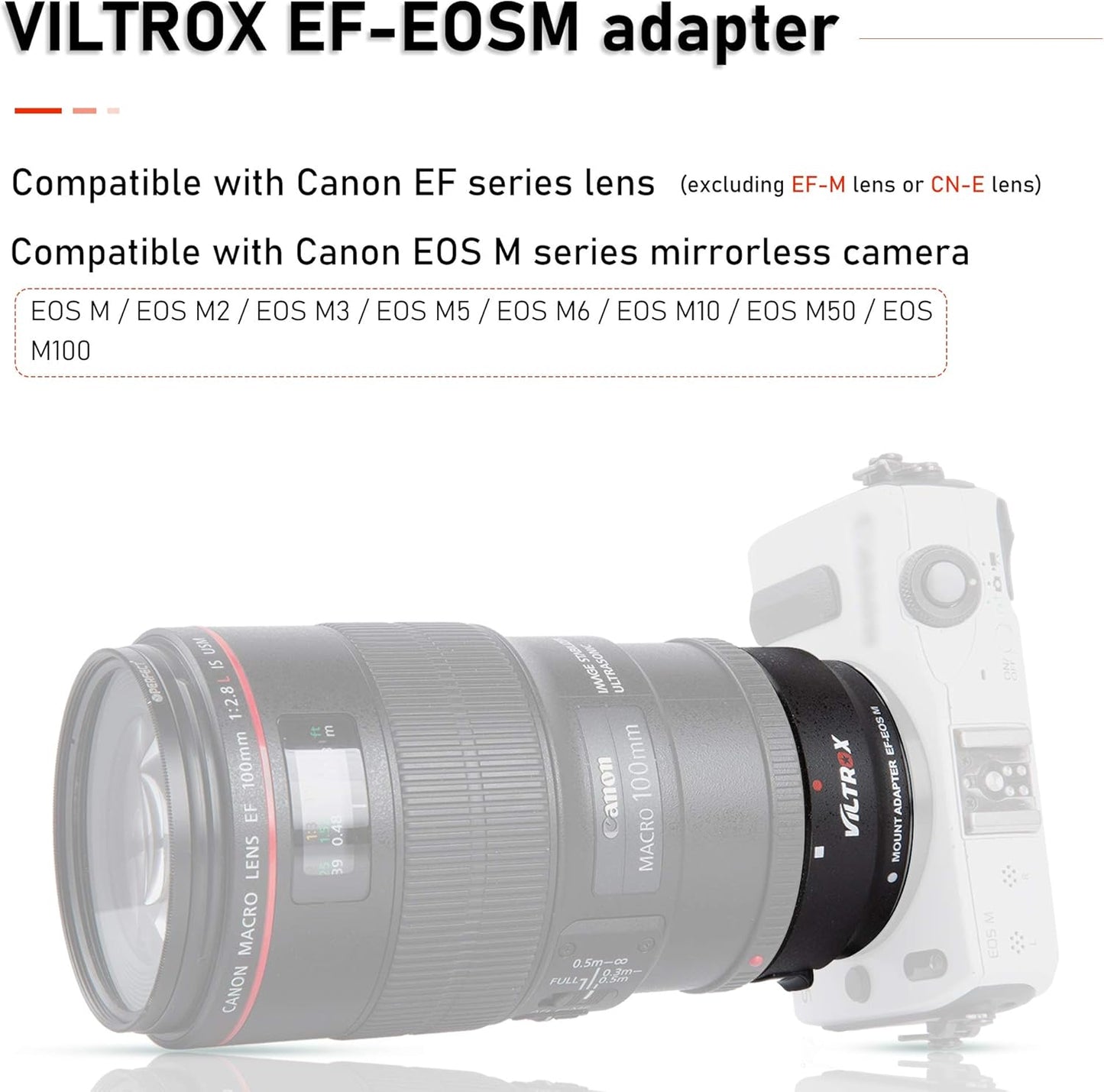 VILTROX EF-EOS M Mount Camera Adapter,Autofocus Lens Converter Ring,EF-M Lens Adapter Compatible with Canon EF/EF-S Series Lens/Canon EOS M Series Mirrorless Camera EOS M1 M2 M3 M5 M6 M10 M100