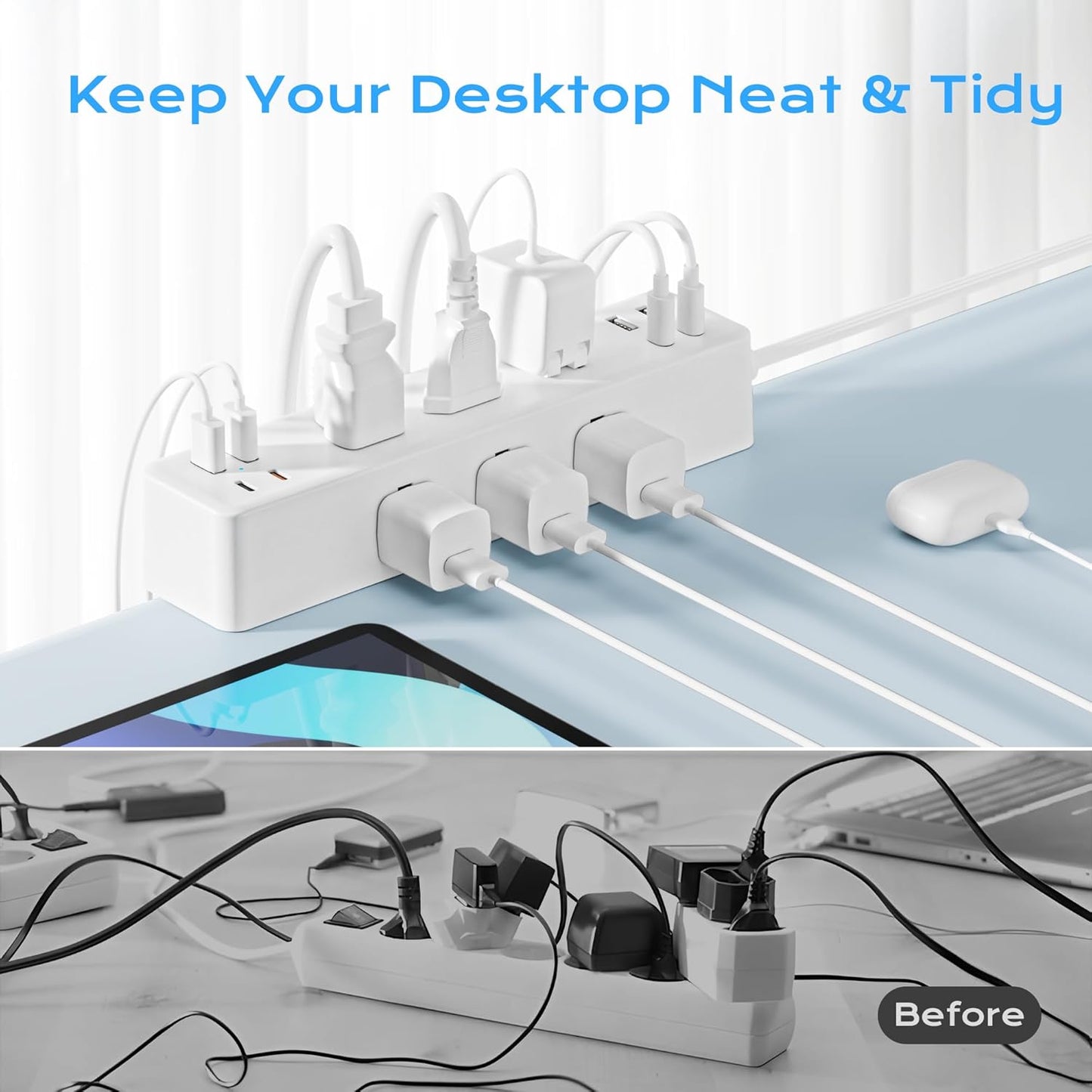 Flat Plug Desk Clamp Power Strip 10FT, 40W Total Fast Charging Station, 2 PD20W USB C Ports, Desk Edge Mount Power Strip 9 AC Outlets 8 USB Ports Surge Protector, Fit 1.7" Tabletop Edge, White