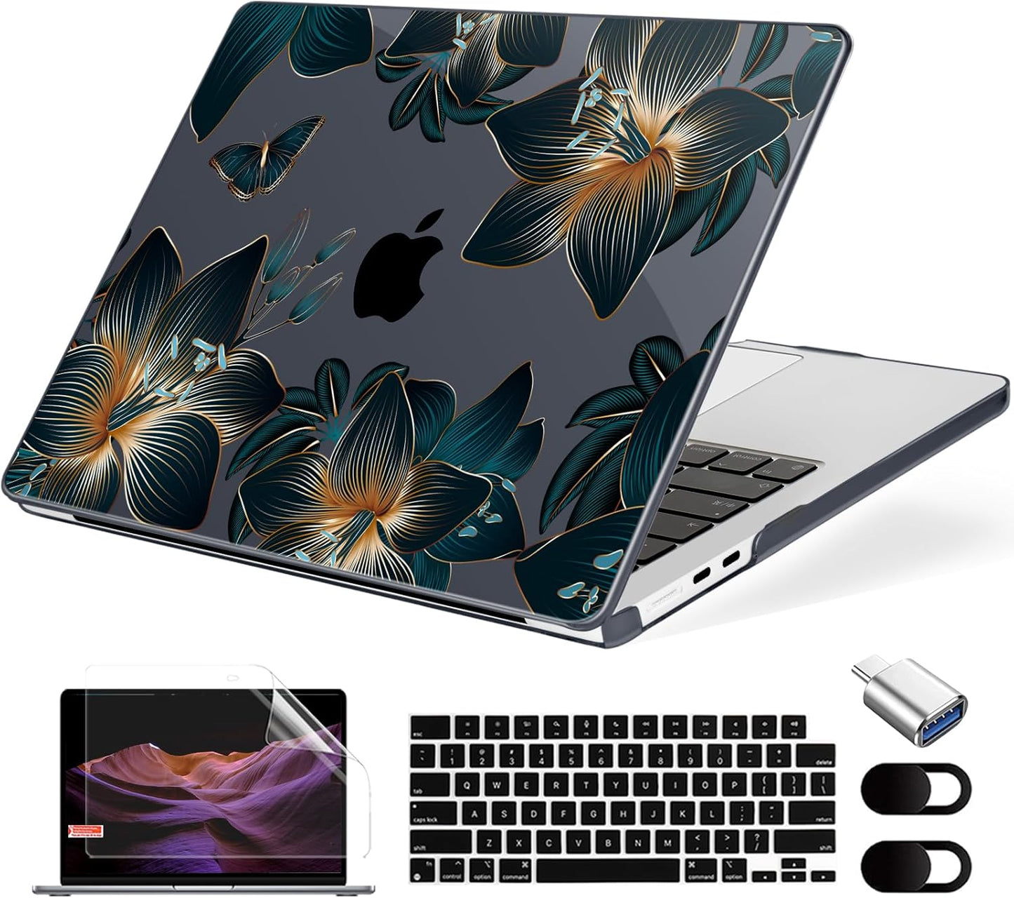 Compatible with MacBook Air 13.6 inch Case, M4 A3240/M3 A3113/M2 A2681 (Released 2025 to 2022), Hard Shell, Keyboard Cover, Screen Protector, Webcam Cover & Type-C Adapter, Golden Lilies