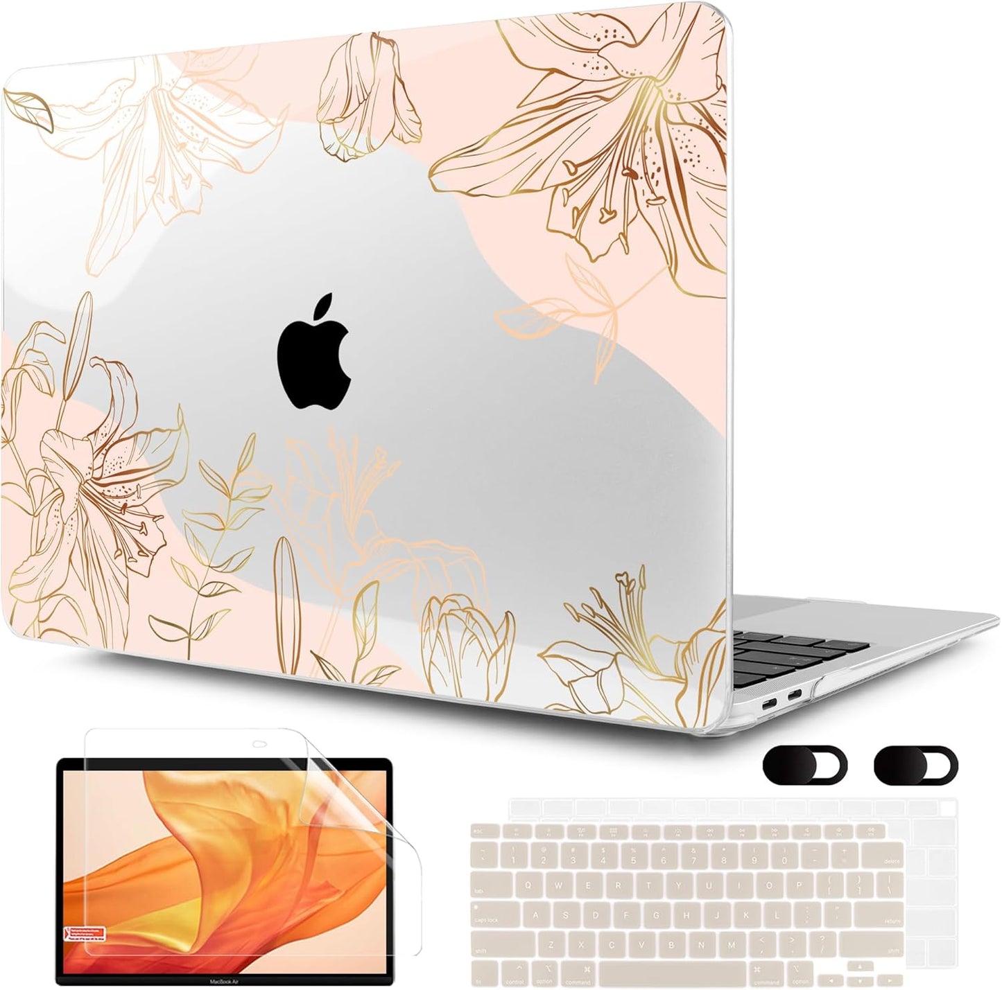 MEEgoodo for MacBook Air 13 inch Case 2021 2020 2019 2018 Released A2337 M1 A2179 A1932 with Touch ID, Plastic Hard Shell & Keyboard Cover Compatible with MacBook Air Case 13.3, Gold Flowers Lilies
