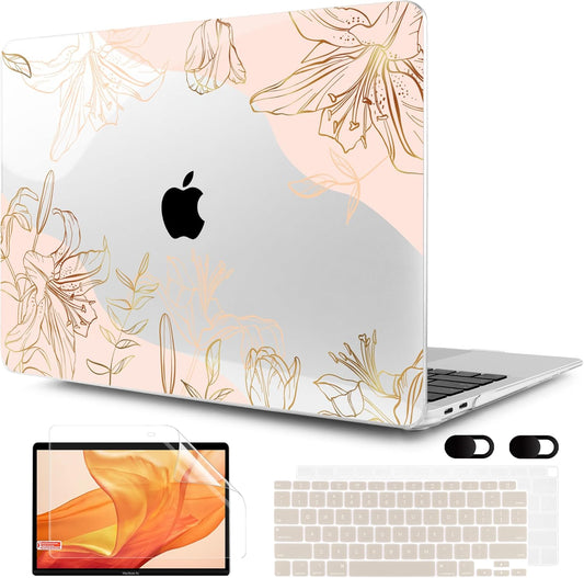 MEEgoodo for MacBook Air 13 inch Case 2021 2020 2019 2018 Released A2337 M1 A2179 A1932 with Touch ID, Plastic Hard Shell & Keyboard Cover Compatible with MacBook Air Case 13.3, Gold Flowers Lilies
