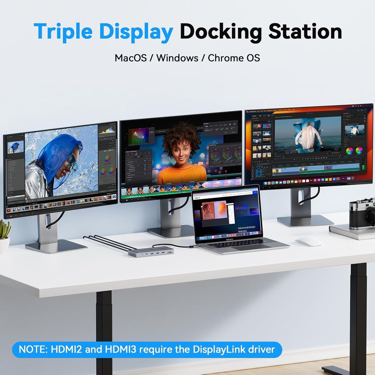 USB C Docking Station 3 Monitors with 120W Power Adapter, 4URPC Displaylink Docking Station 3 HDMI for MacBook/Mac mini M4, Windows, and Chrome with USB C(3 HDMI, 5 USB, Ethernet, SD/microSD)