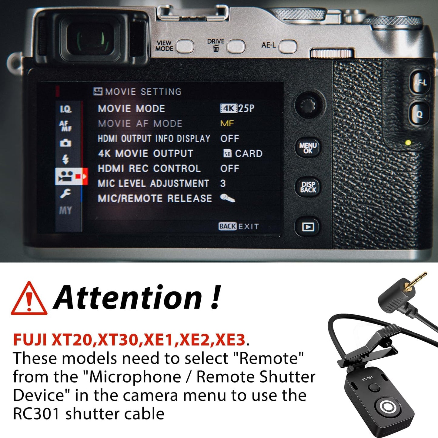 RS-60E3/RR100 for Canon/Fuji Remote Camera Cable Small Shutter Release Control 11.8inches Cable Remote Wired Button R100 R6 R8 R10 80D XT2/3/4/5 XH2S GFX100/S GFX50/S/II (RC301-2.5/E3 11.8in)
