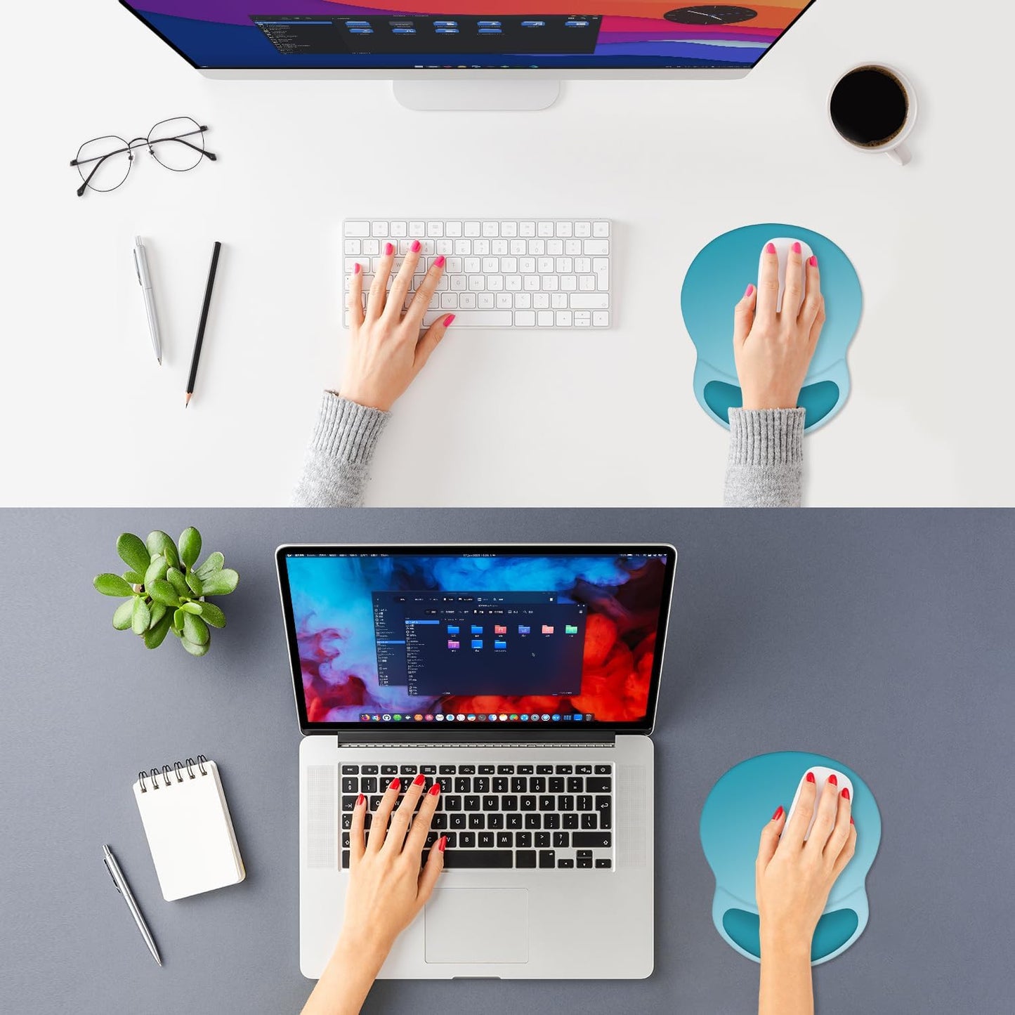 ITNRSIIET Ergonomic Mouse Pad with Comfort Gel Wrist Rest, Non-Slip PU Base, Smooth Textured Surface, Reduces Hand Fatigue & Wrist Pain, 8.7 x 7.2 Inch for Office Gaming Home, Ombre Blue Gradient