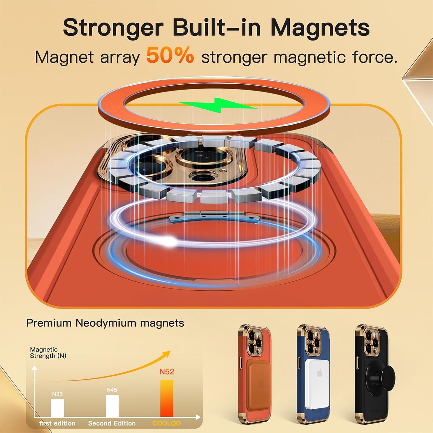 COOLQO for iPhone 15 Pro Max Case 6.7'' Upgraded 360° Spin Magnetic Stand [Compatible with Magsafe][Military Protection] Shockproof Protective Phone Holder Cover for iPhone 15 Pro Max, Orange Gold