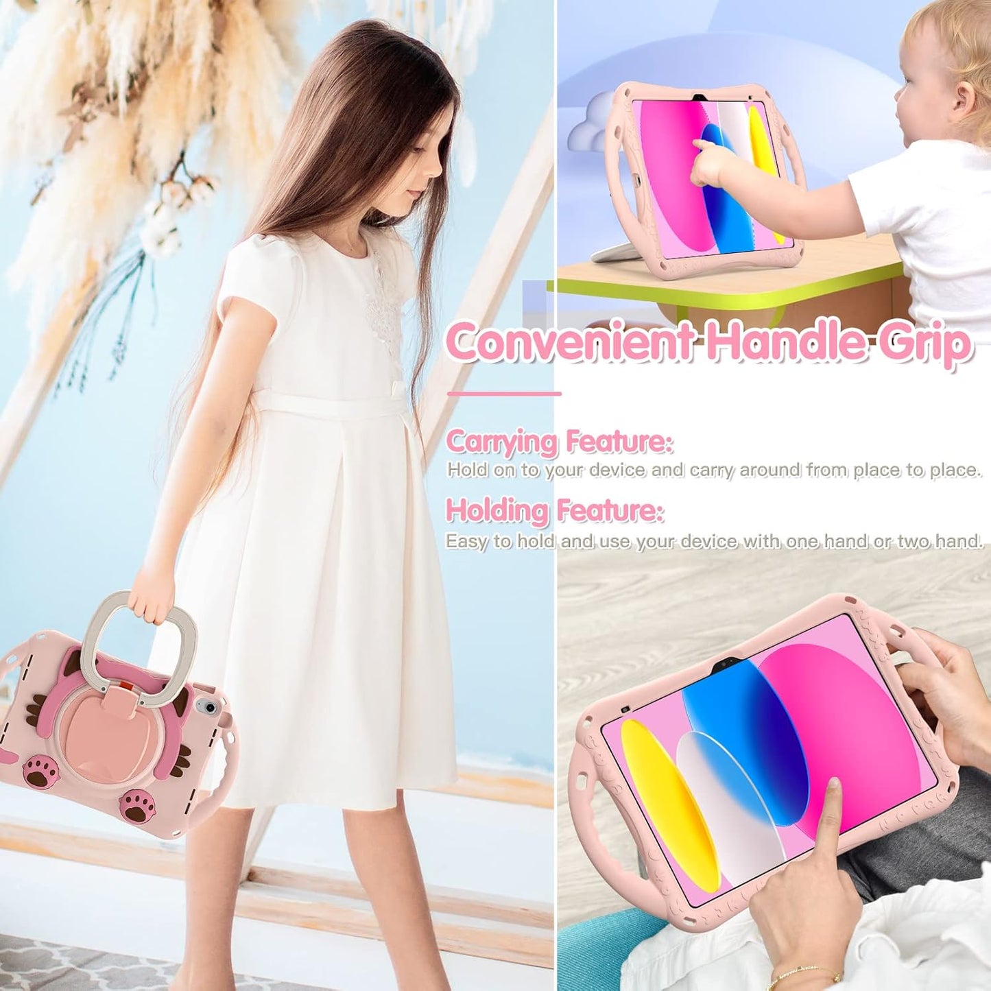 BRAECN Cute Cat Case for iPad (A16) 11th/10th Generation 11”/10.9'' 2025/2022, Silicone Kids Boys Girls Case with Pencil Holder, Carrying Shoulder Strap, 360°Rotating Handle Grip, Kickstand -Pink