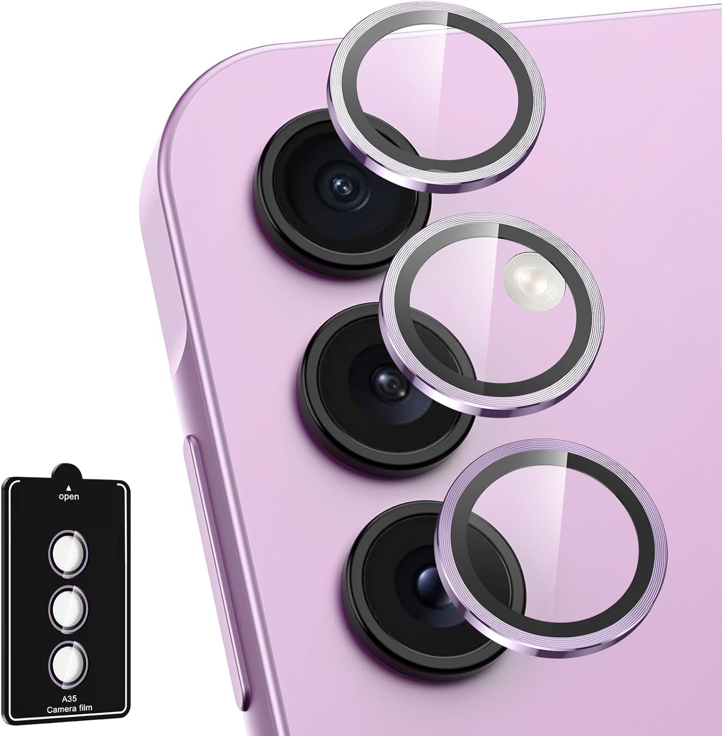 for Samsung Galaxy A35 5G Camera Lens Protector, Individual Metal Ring Tempered Glass Lens Cover, [Strong Adsorption] Scratch Resistant Ultra-Thin HD Clear Lens Cover, 1 Set-Purple
