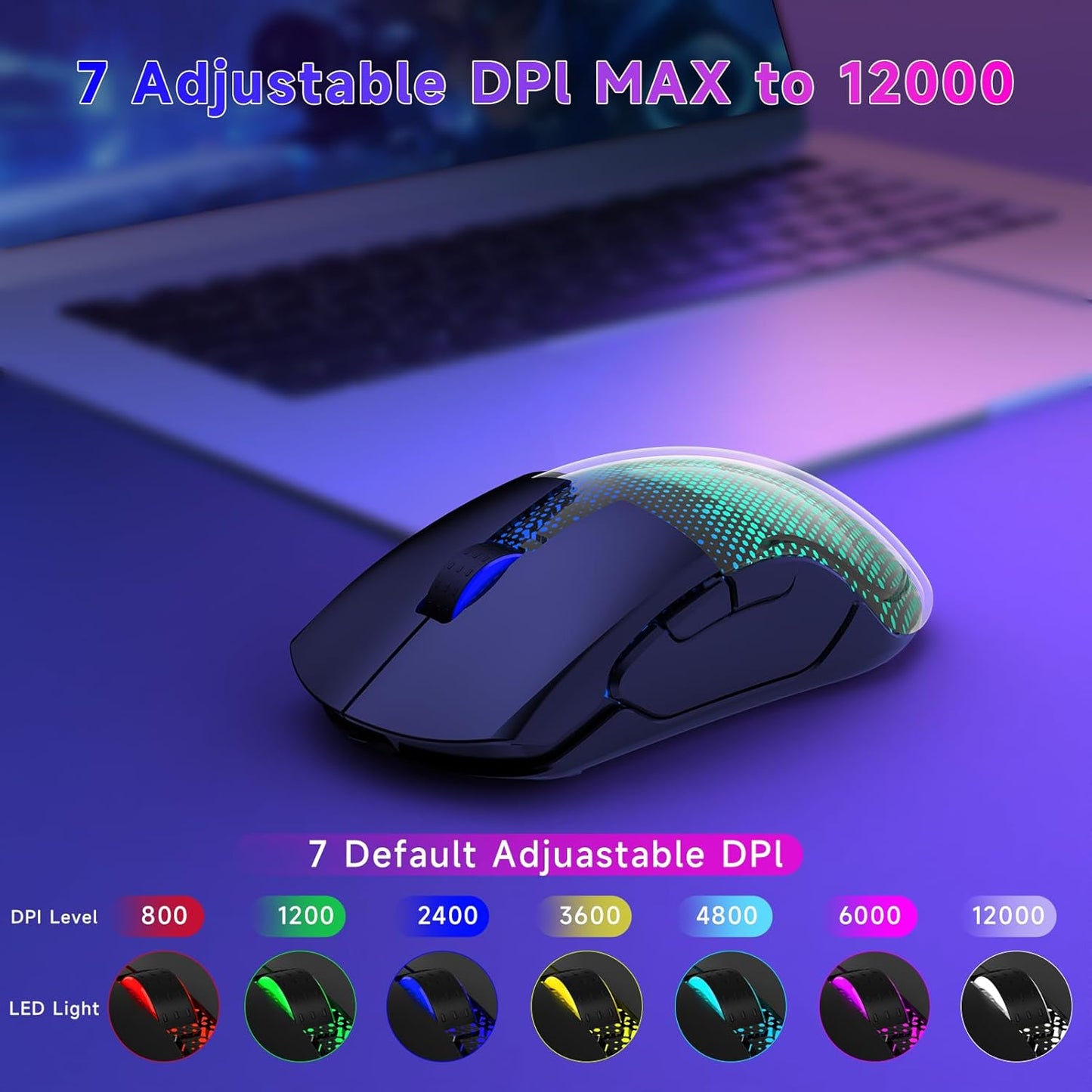 FFJ Master02 Wireless Gaming Mouse, 12000 DPI, Tri-Mode 2.4G/USB-C/Bluetooth 5.3 Gaming Mouse, Large RGB Backlit, 6 Programmable Buttons, 75Hr Battery Life for PC, Mac, Laptop, PS5, Xbox - Black