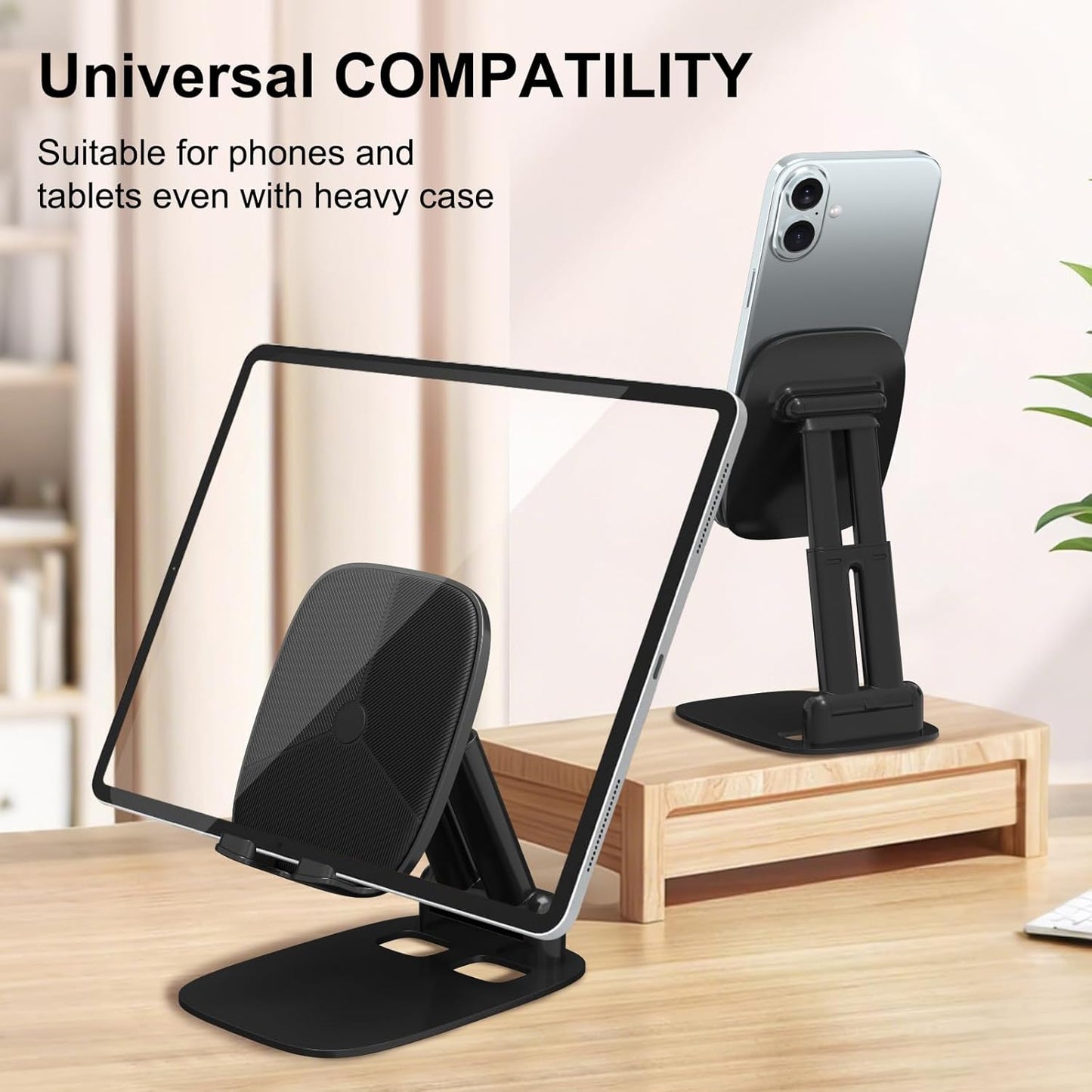 DEERLAMN Cell Phone Stand for Desk, Height Adjustable Cell Phone Holder Portable Desktop Stand, Travel Home Office Desk Accessories Compatible with iPhone 16/15/14/13/12/11 All Smartphone - Black