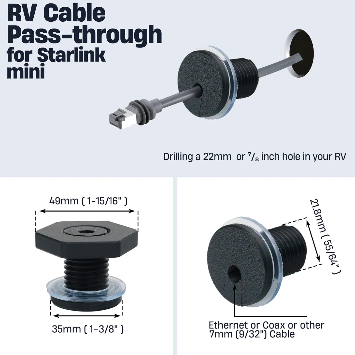 2Pcs RV Cable Passthrough for Starlink mini, RV Cable Grommet Compatible with Starlink, Ethernet, Coax, Water-Resistant and Anti-Drop RV Cable Routing(Black)