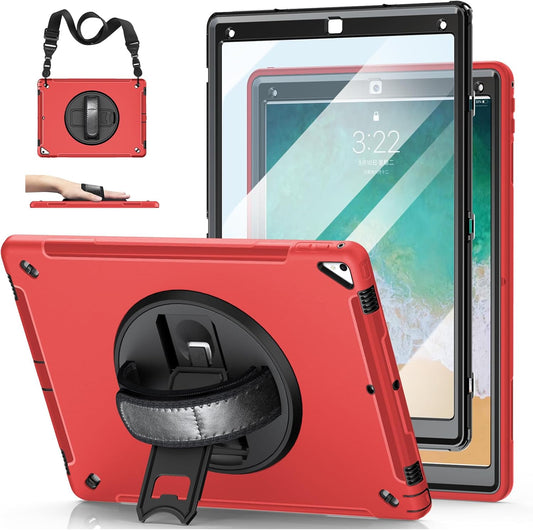 Case for iPad Pro 12.9 2nd Generation 2017& 2015 1st Generation, Heavy Duty Rugged TPU Protective Cover W/Screen Protector- 360° Rotatable Stand + Handle Hand & Shoulder Strap + Pencil Holder- Red
