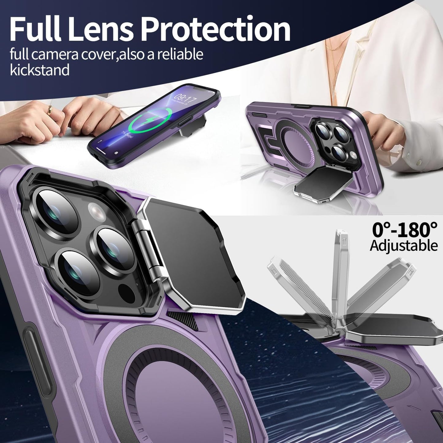 Camera Stand Case for iPhone 13 Pro, [Compatible with Mag Safe] [Lens Cover] 2024 Version Military Grade Protective Soft Case for iPhone 13 Pro 6.1 inch Men Women, Purple