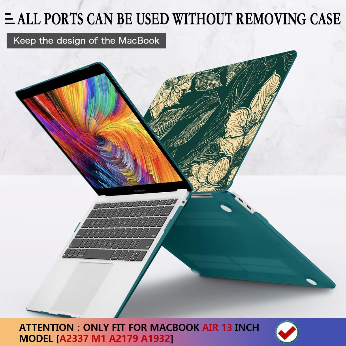 CISSOOK Compatible with MacBook Air 13 inch Case 2022 2021 2020-2018 Release M1 A2337 A2179 A1932 with Touch ID, Plastic Hard Shell Case & Keyboard Cover & Screen Protector, Elegant Floral